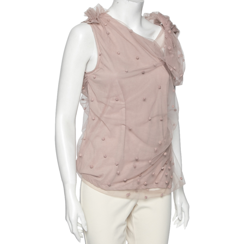 

Valentino Dusky Pink Cotton & Mesh Overlay Ruffled Bow Detailed Top