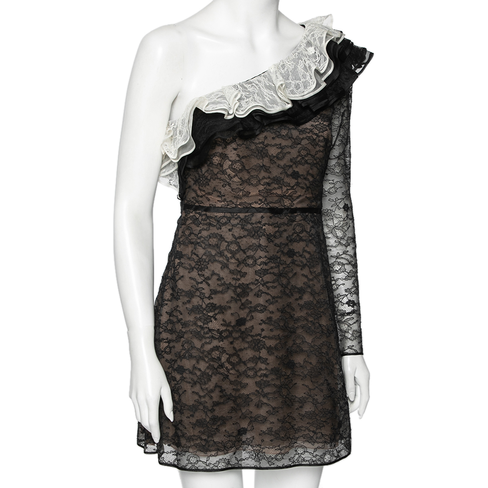 

Valentino Black Lace Ruffle Trimmed One-Shoulder Mini Dress