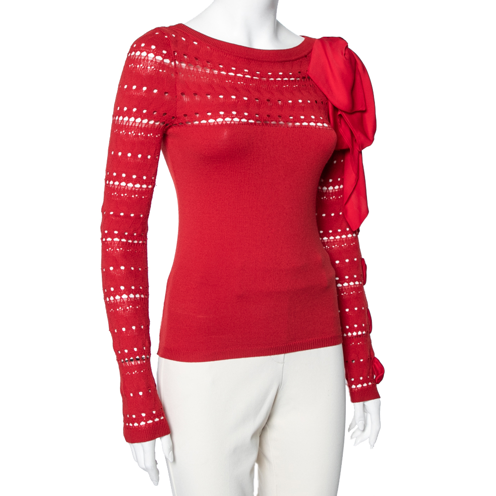 

Valentino Red Perforated Knit Wool Ribbon Bow Detail Top