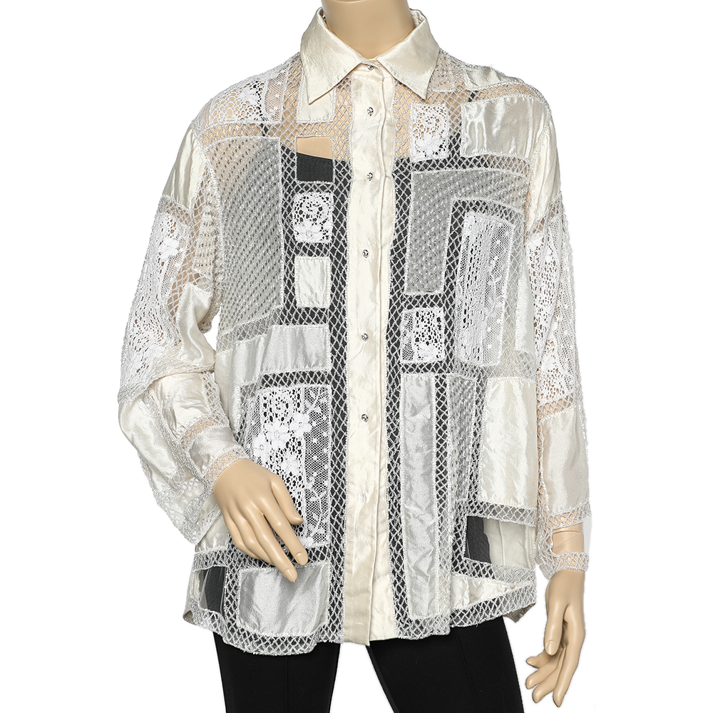 

Valentino Boutique Cream Embellished Silk & Lace Sheer Shirt
