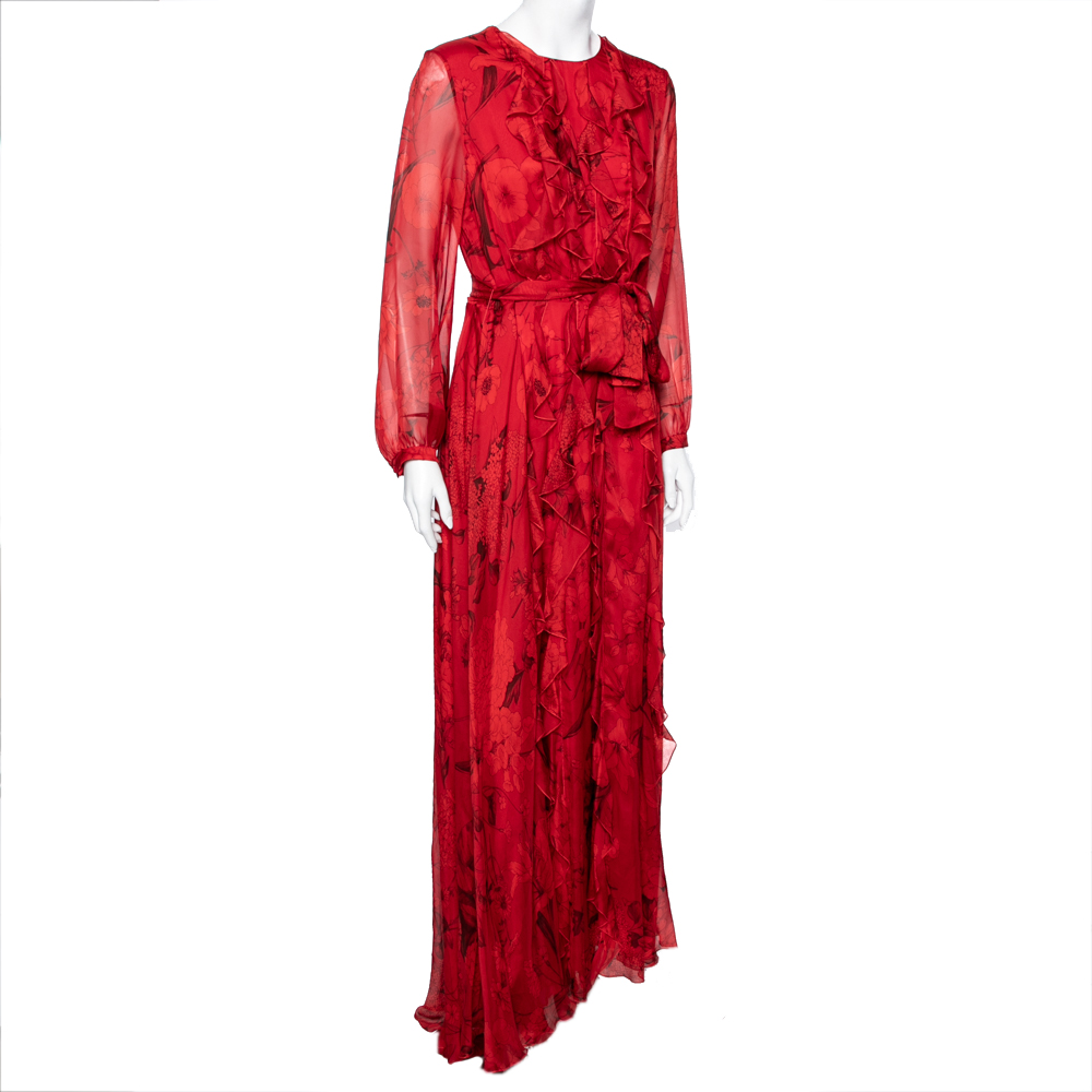 

Valentino Red Floral Printed Silk Chiffon Ruffle Trimmed Belted Gown