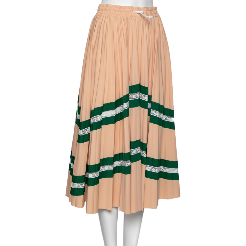 

Valentino Peach Crepe & Lace Trimmed Pleated Midi Skirt, Pink