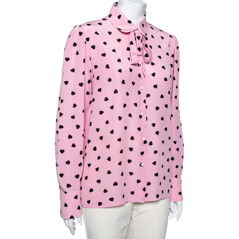 

Valentino Pink Heart Printed Silk Neck Tie Detail Shirt