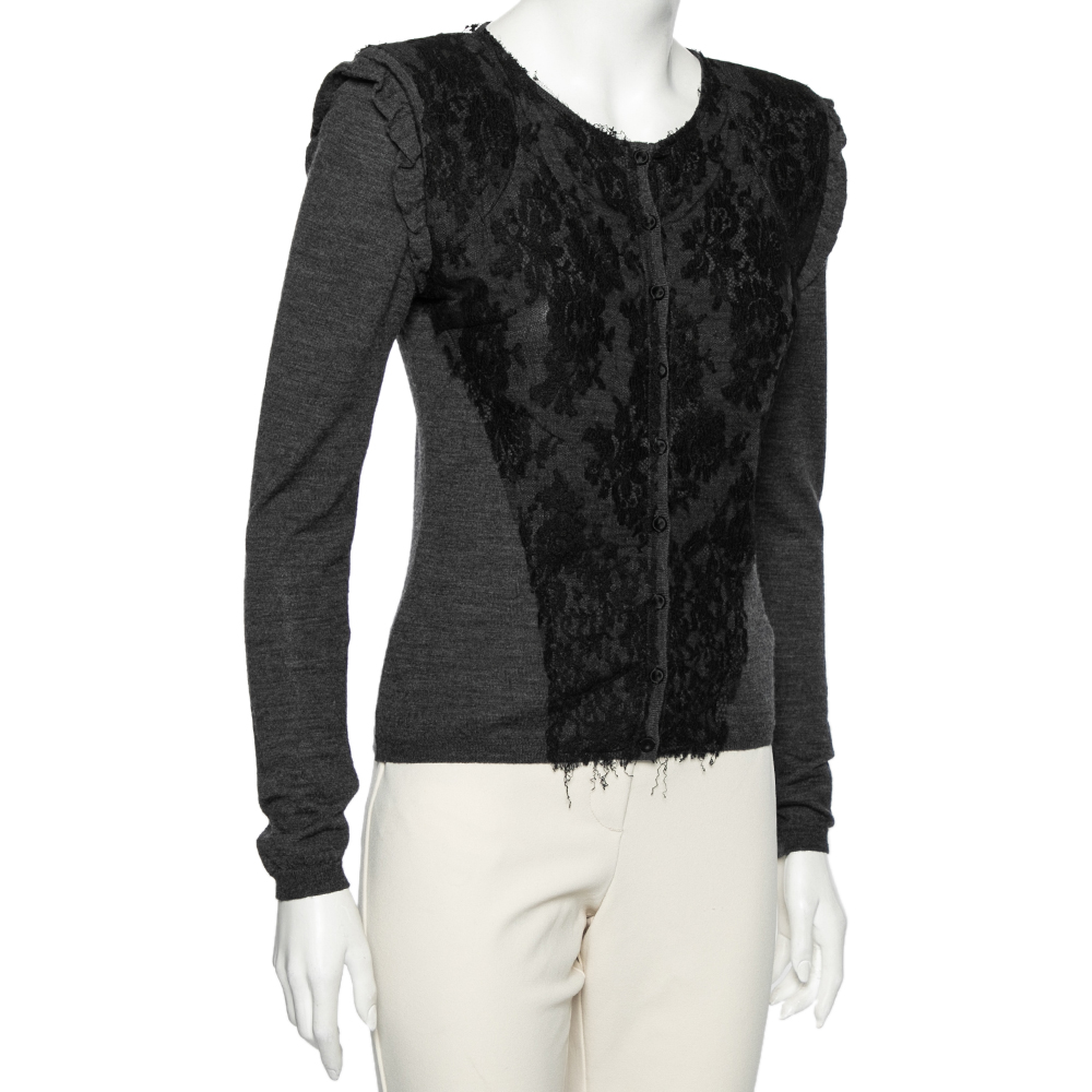 

Valentino Grey Knit & Lace Overlay Padded Shoulder Detailed Cardigan