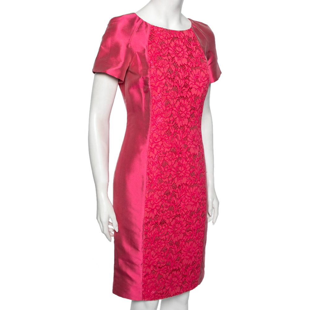 

Valentino Pink Silk Lace Panel Front Midi Dress