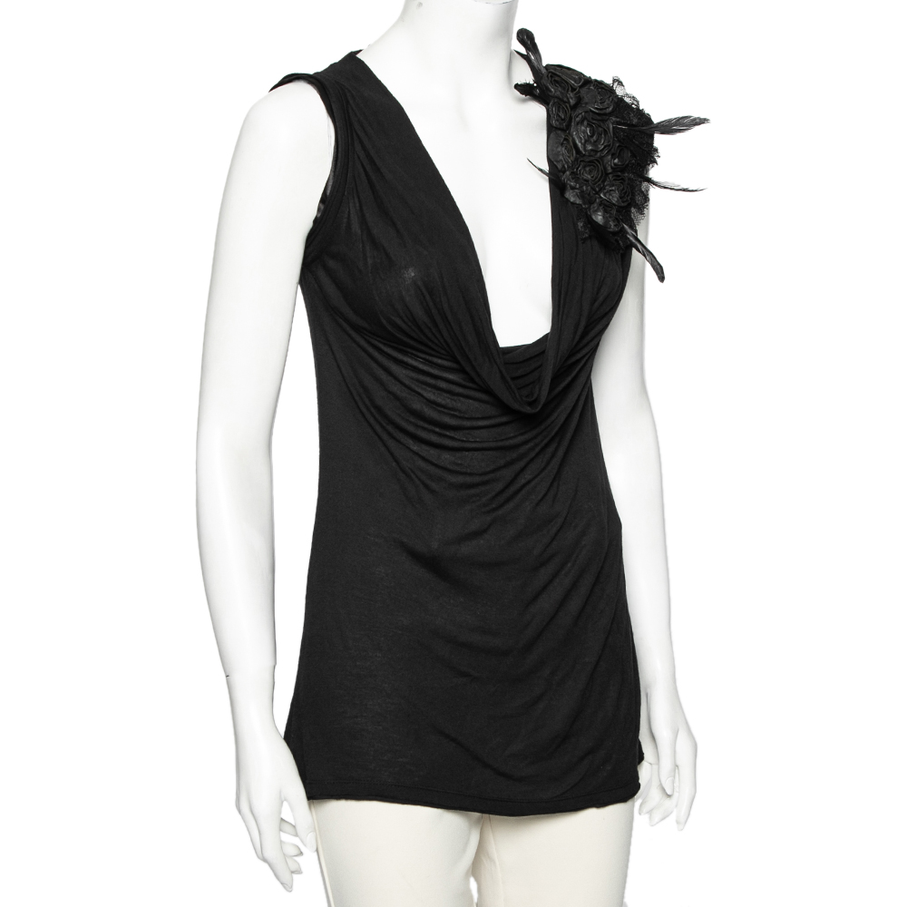 

Valentino Black Jersey Rose Feather Appliqued Draped Top