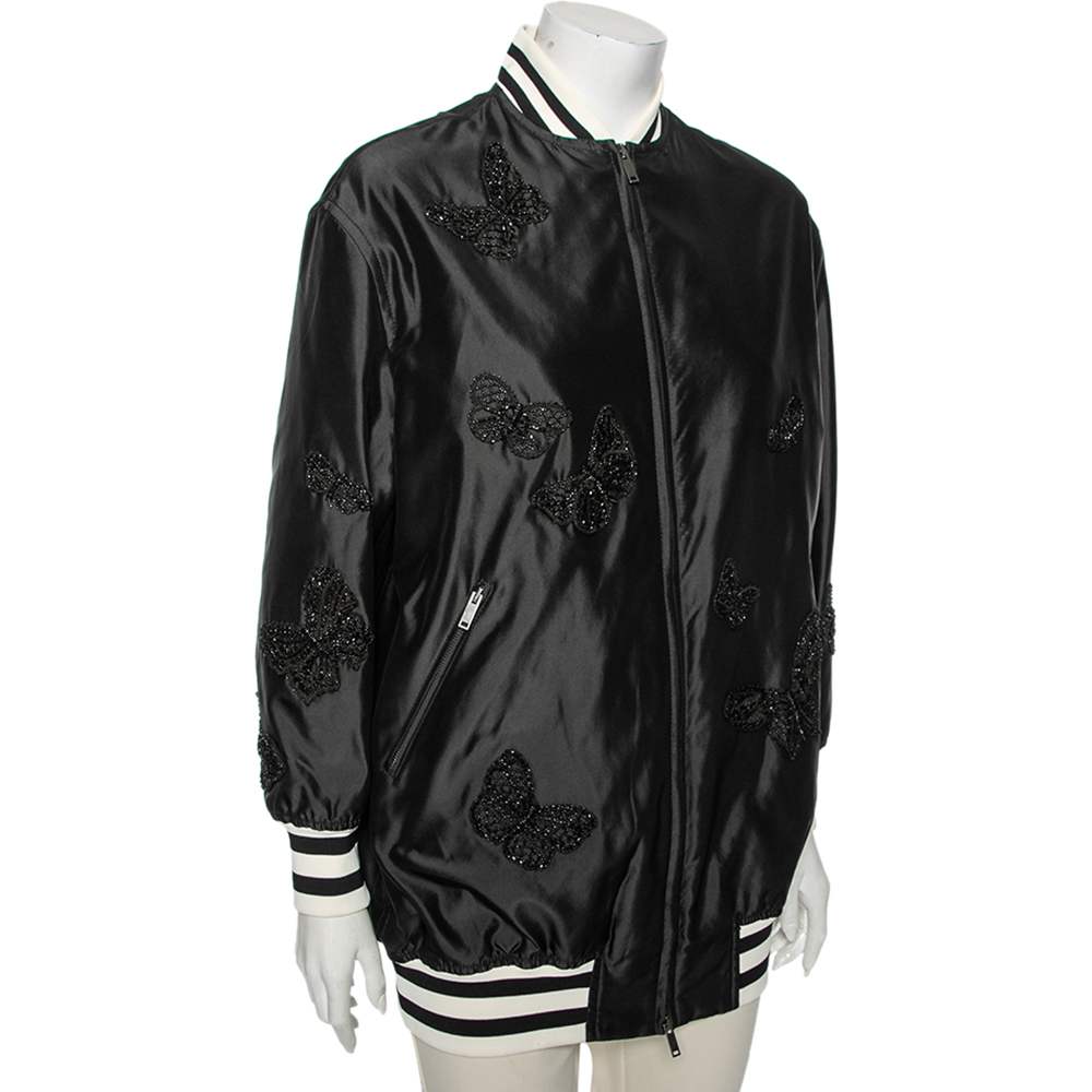 

Valentino Black Silk & Rib Knit Trimmed Butterfly Embroidered Bomber Jacket