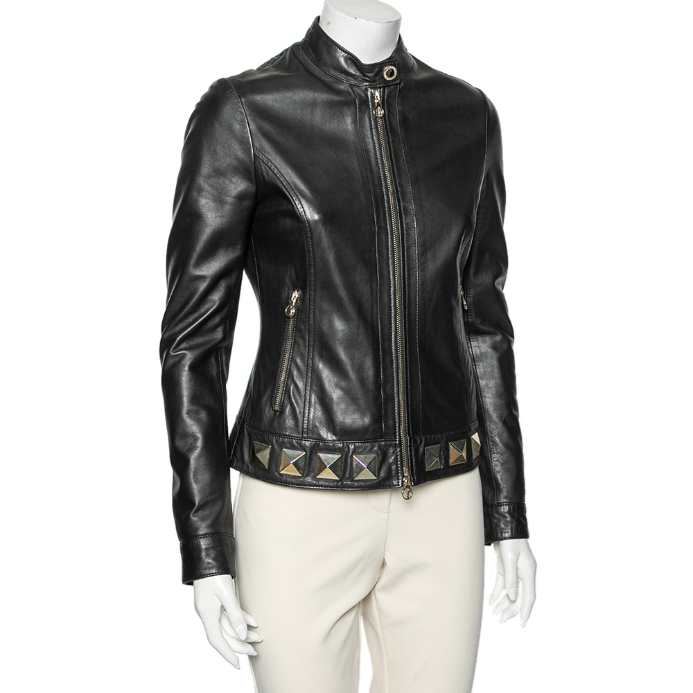 

Versace Collection Black Leather Rock Studded Zip Front Biker Jacket