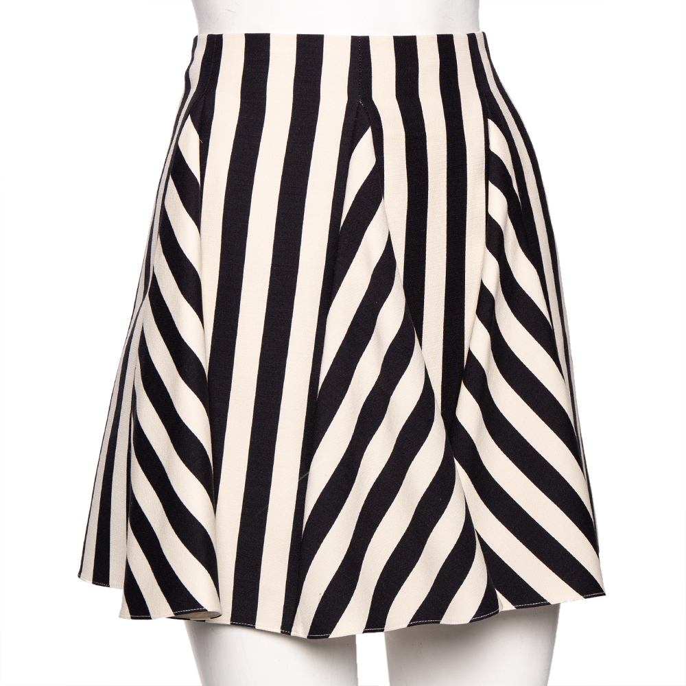 

Valentino Monochrome Striped Wool Crepe Flared Short Skirt, Cream