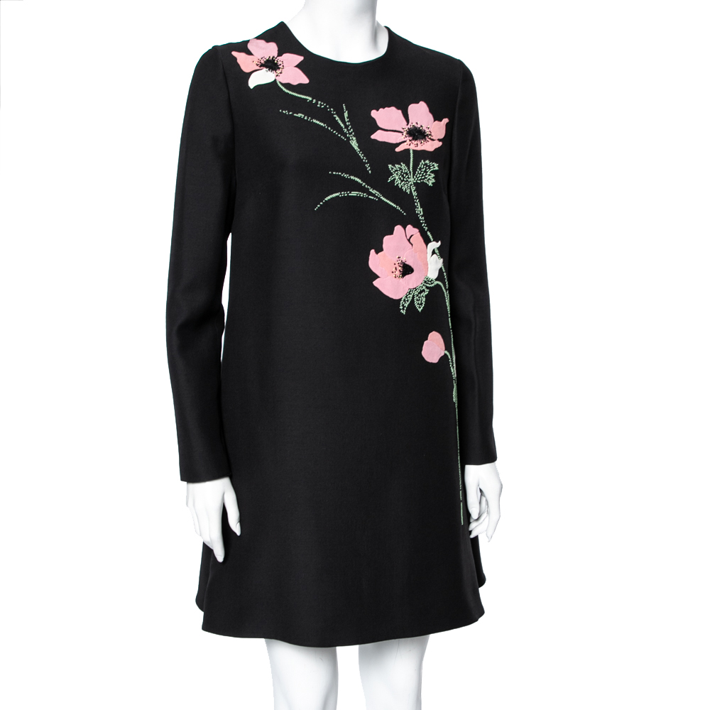 

Valentino Black Wool & Silk Floral Applique Detail Mini Dress