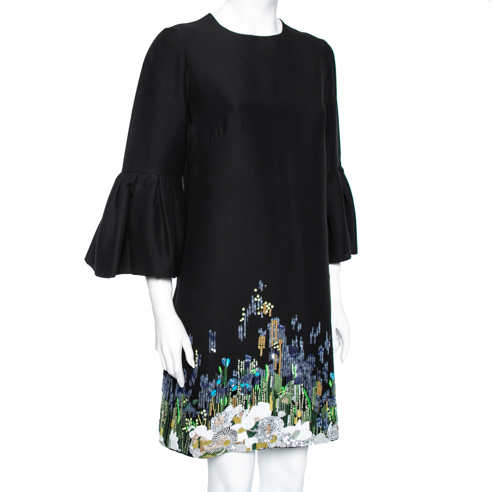 

Valentino Black Crepe Sequin Embellished Flounce Sleeve Dress