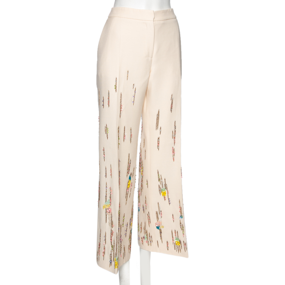 

Valentino Cream Wool & Silk Sequin Embroidered Trousers