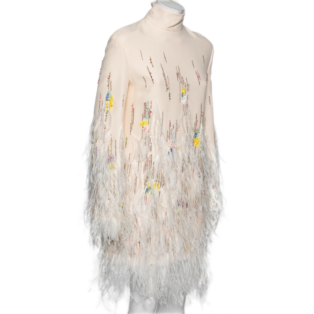 

Valentino Cream Wool & Silk Embroidered Feather Embellished Dress