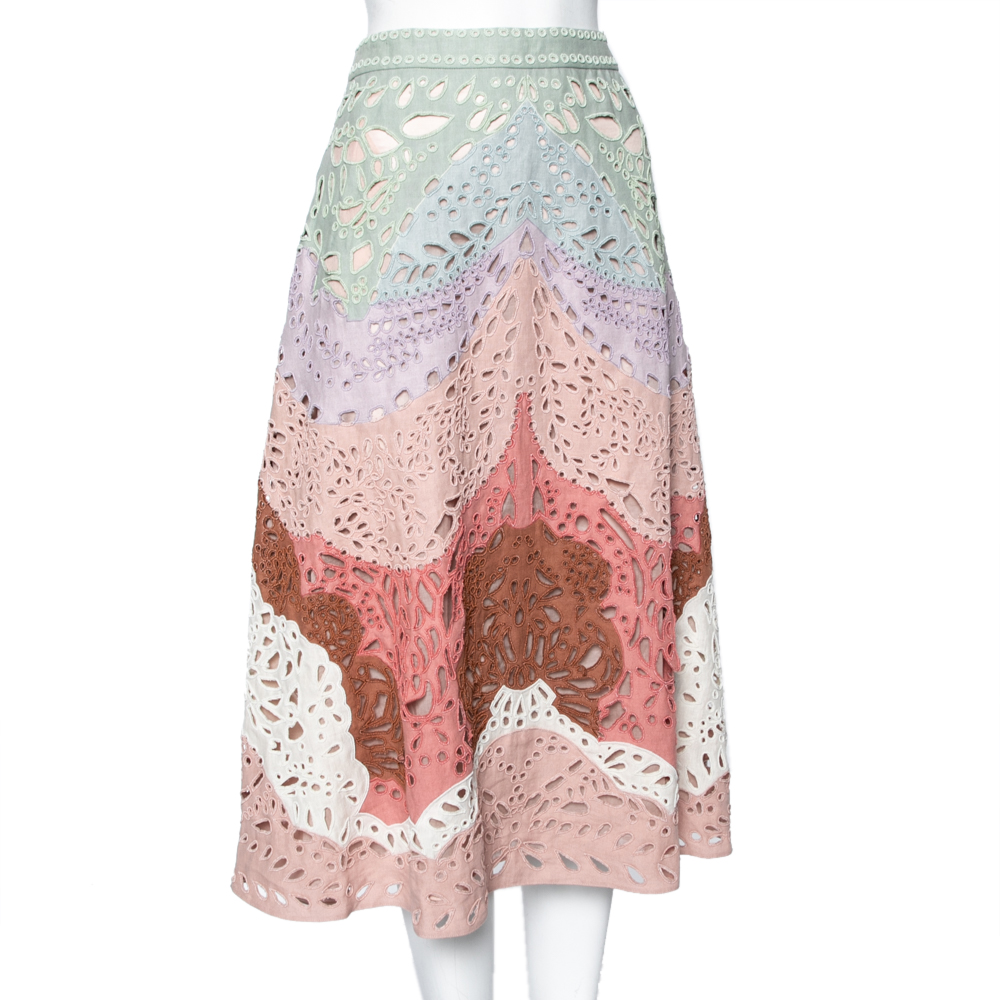 

Valentino Multicolor Linen Laser Cut Beaded Embellished Skirt