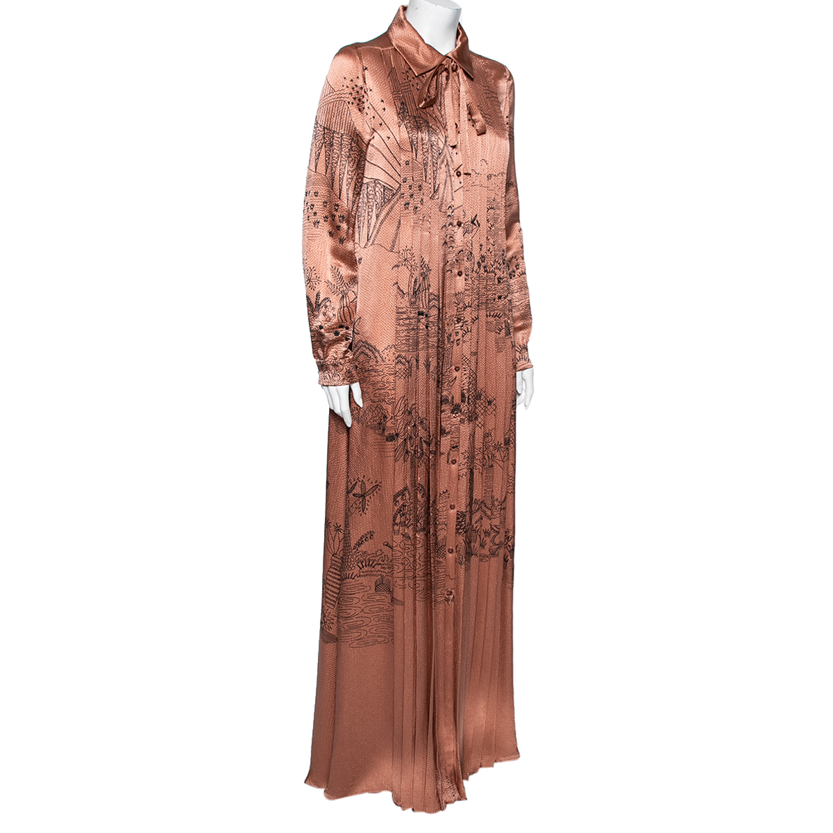 

Valentino Metallic Copper Textured and Printed Silk Pleated Maxi Dress, Brown