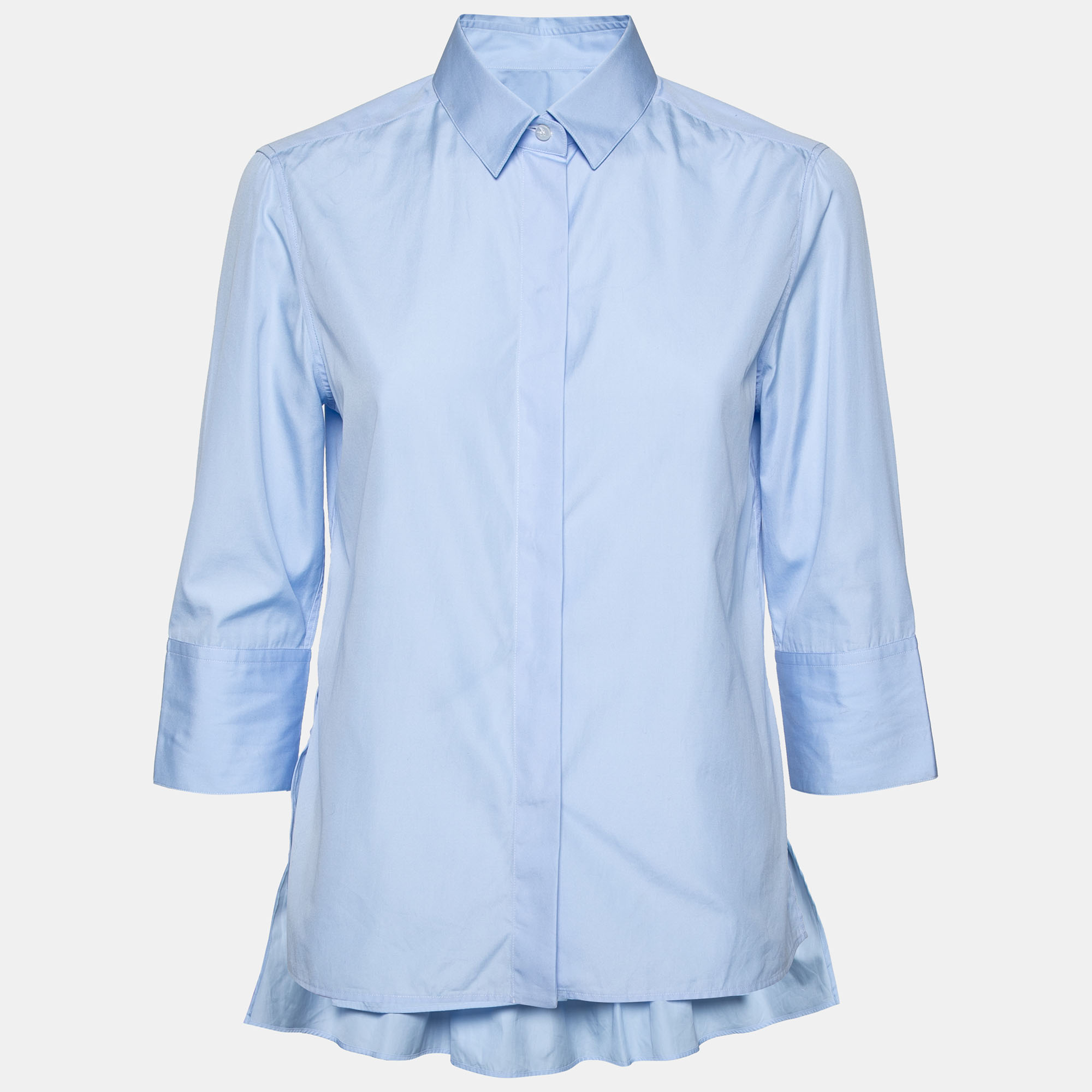 Pre-owned Valentino Blue Cotton Gathered Hem Detail Button Front Shirt M