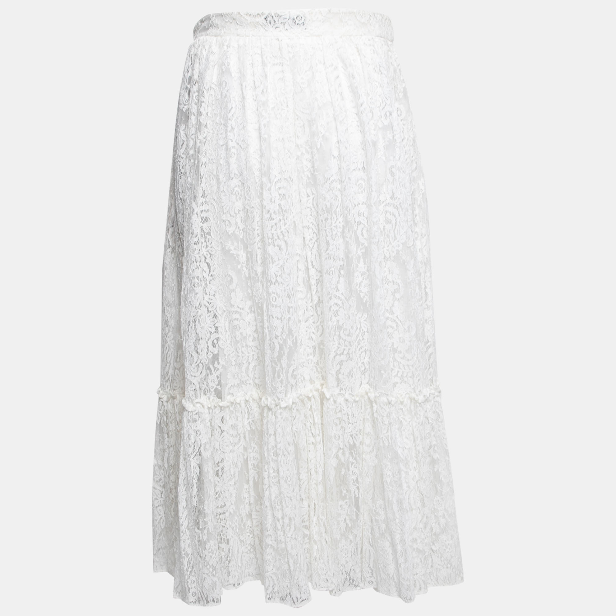 

Valentino White Lace Tiered Midi Skirt