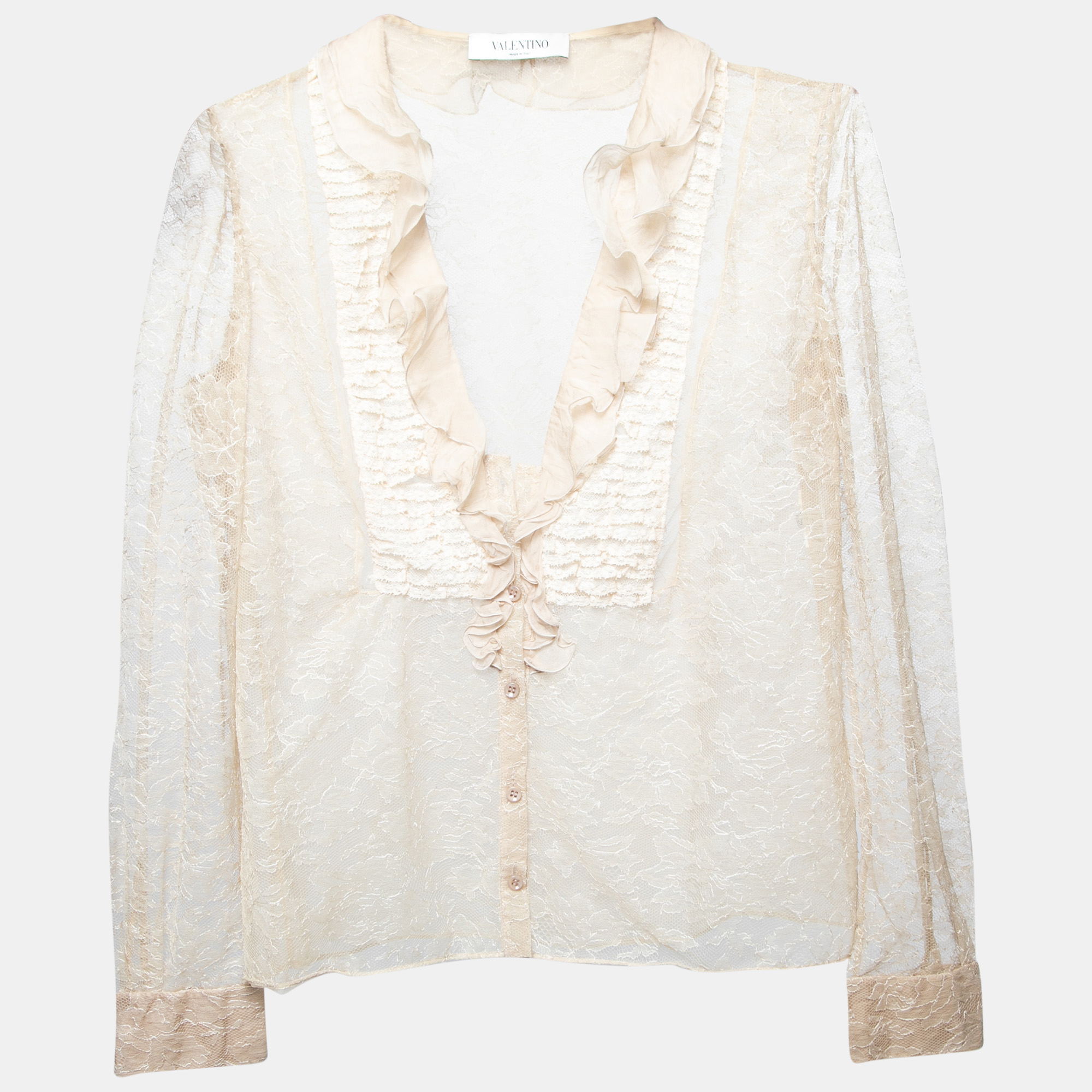 Pre-owned Valentino Beige Lace Ruffle Detail Button Front Long Sleeve Blouse L