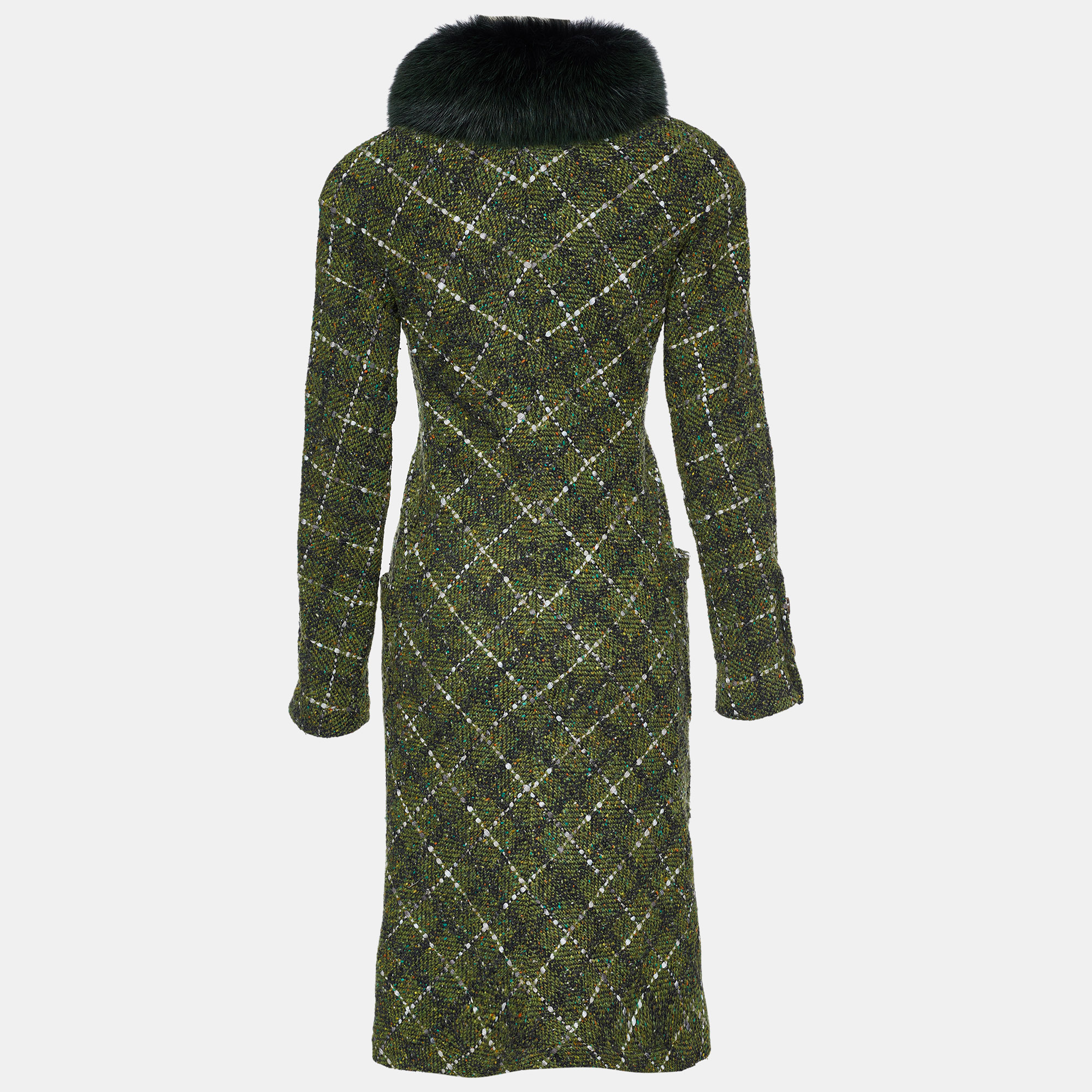 

Valentino Green Tweed Fur Collar Button Front Coat