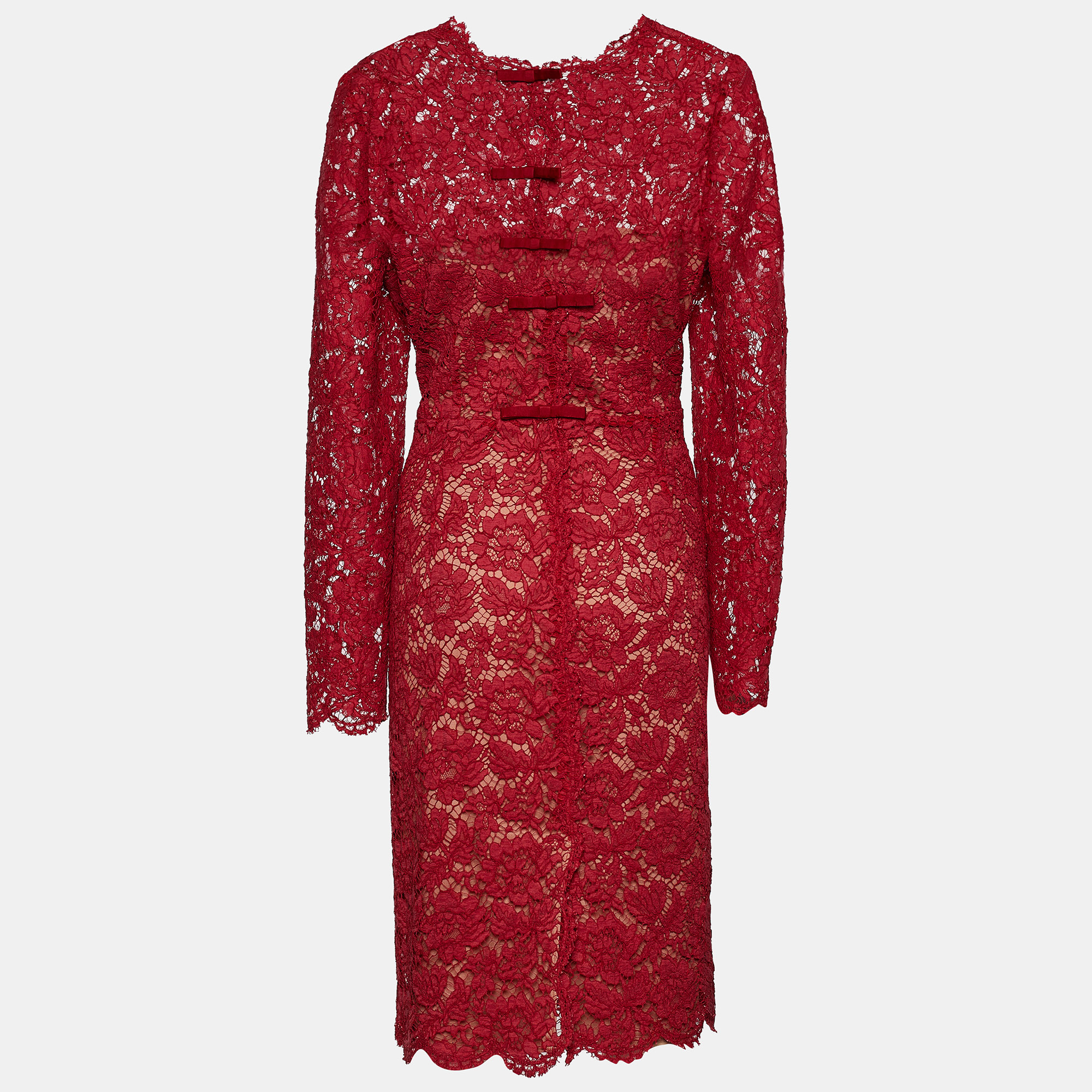

Valentino Red Floral Lace Bow Detail Knee-Length Dress