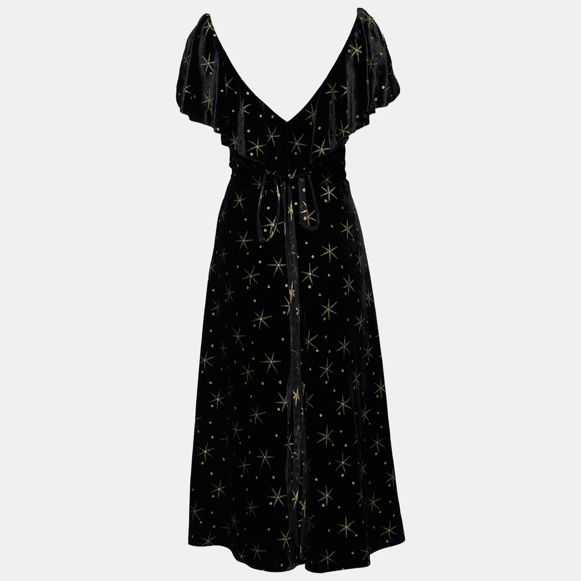 

Valentino Black Glitter Star Print Velvet Ruffled Midi Dress