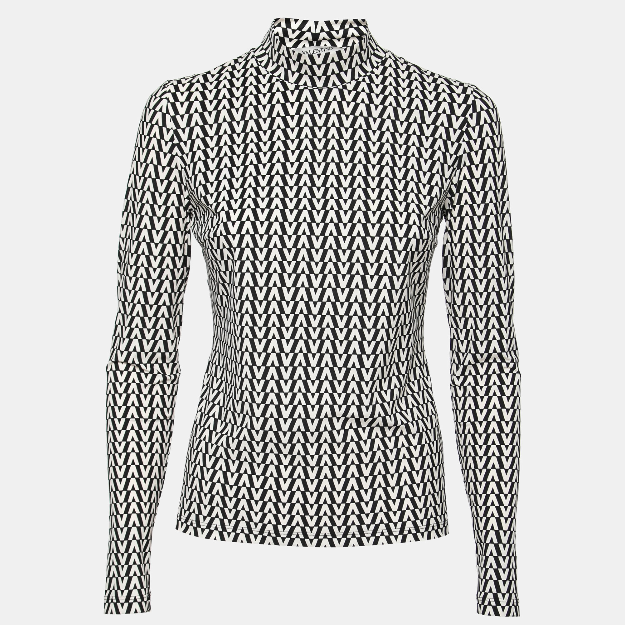 Pre Owned Valentino Black Printed Stretch-Jersey High-Neck Top M