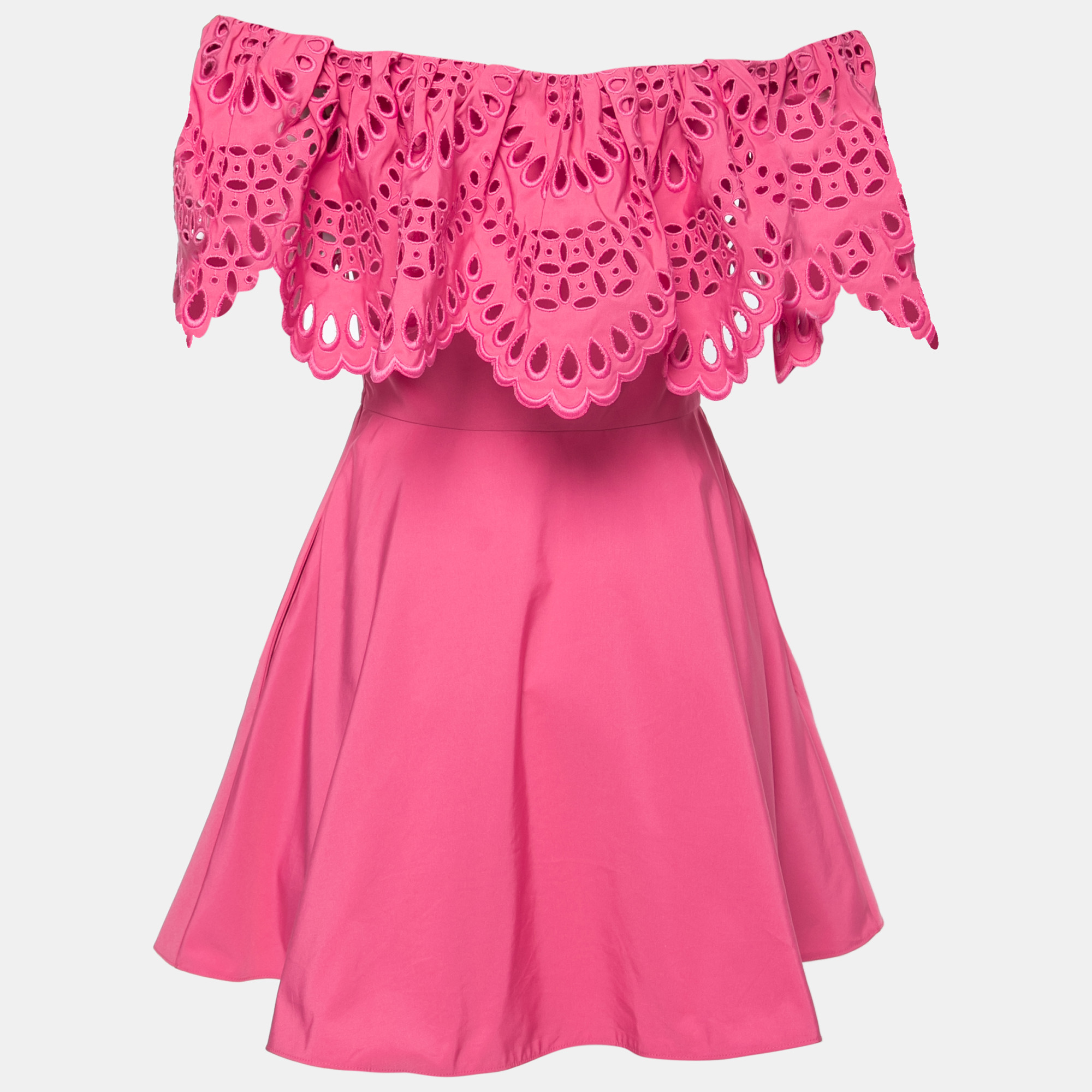 

Valentino Pink Lace Frill Off-Shoulder Mini Dress