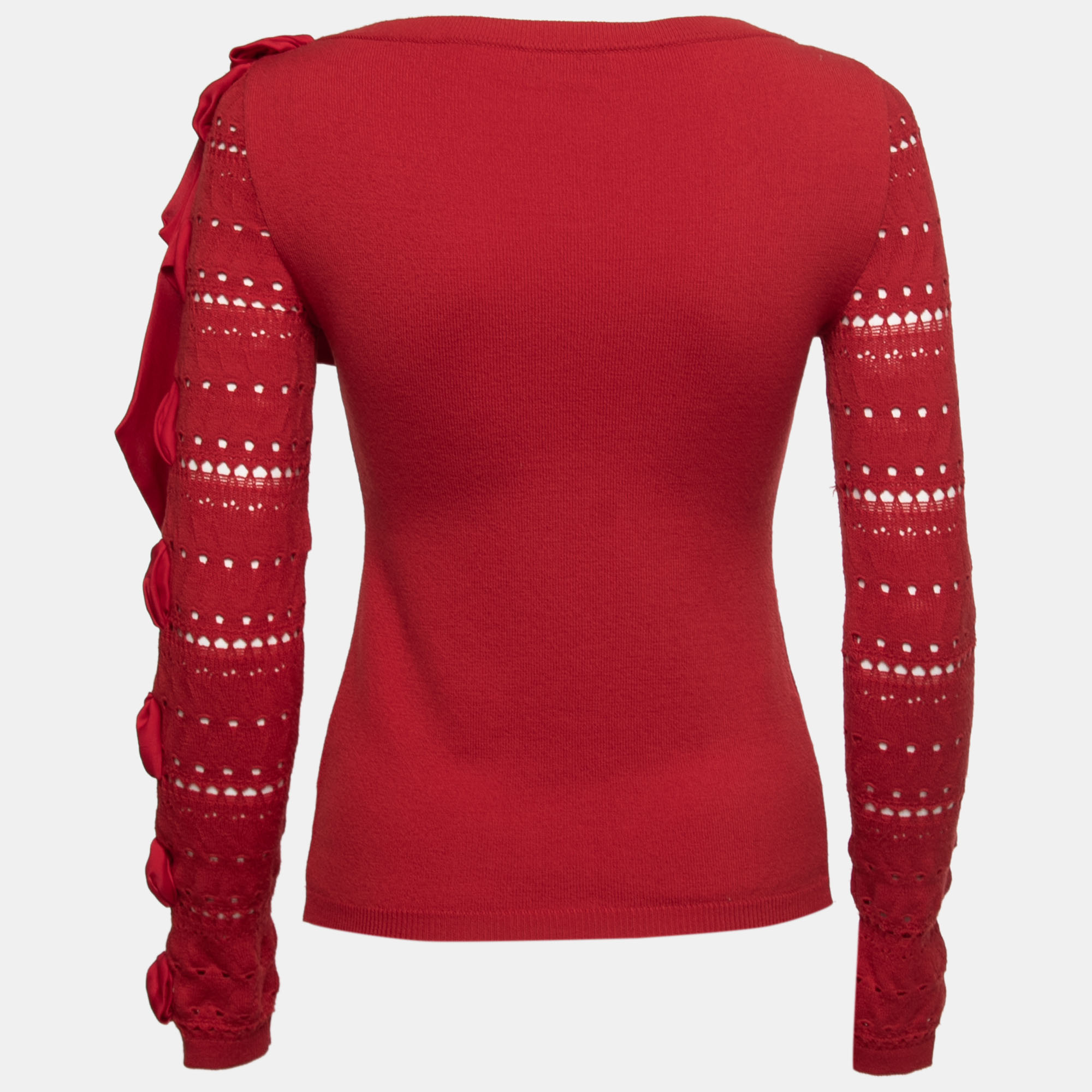 

Valentino Red Eyelet Knit Wool Bow Detail Long Sleeve Sweater