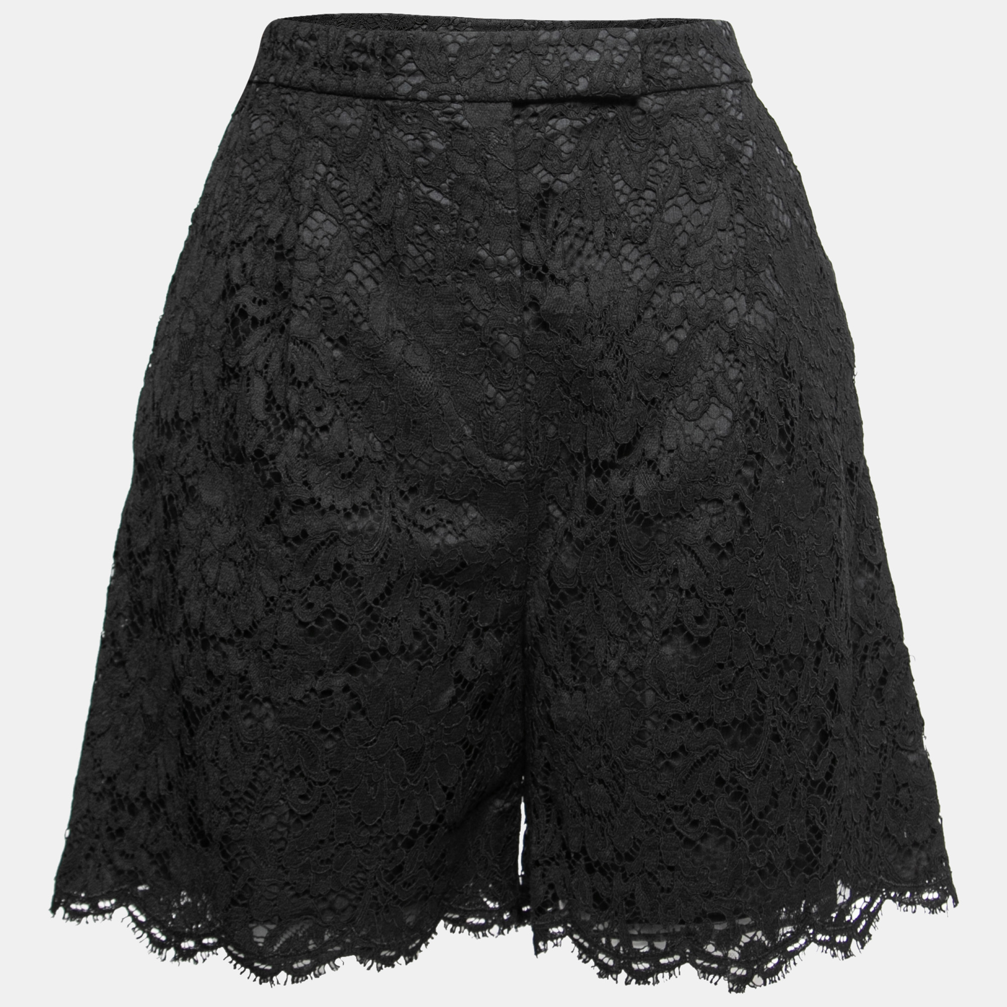 Pre-owned Valentino Black Lace Pleated High Waisted Shorts M