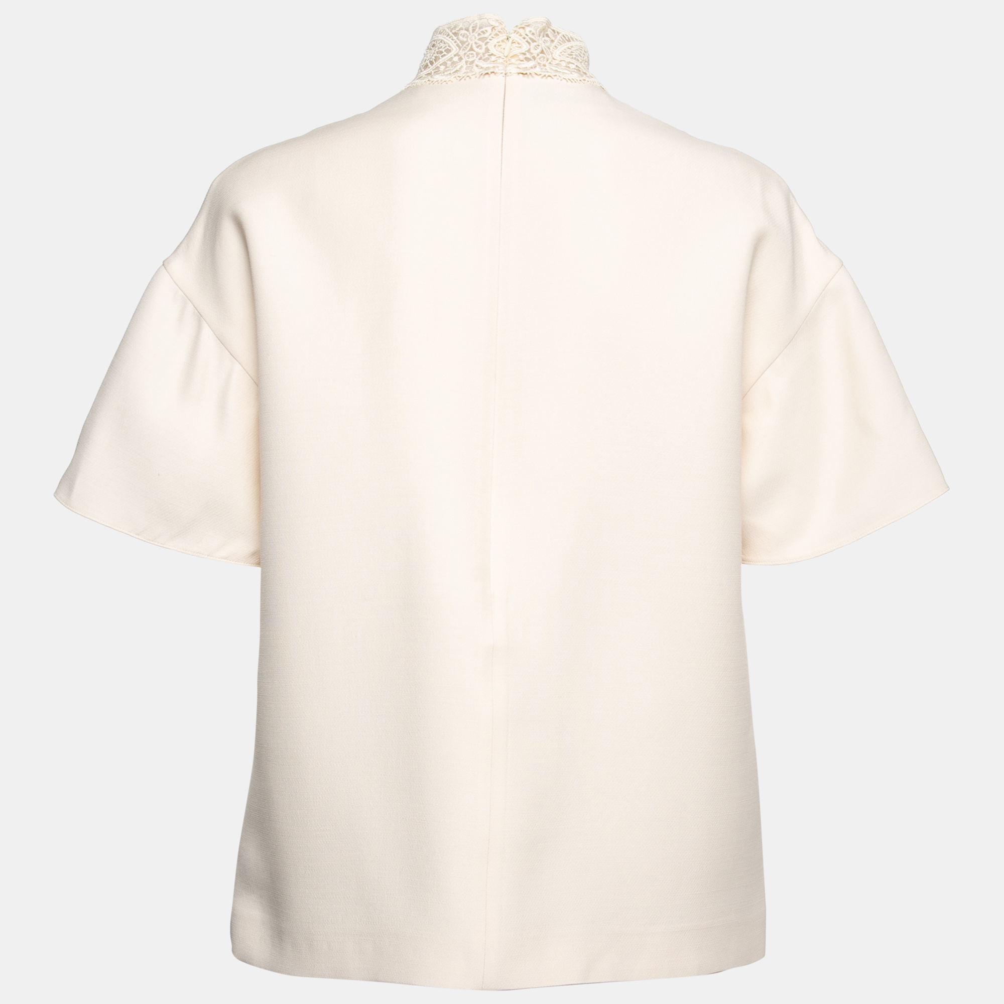 

Valentino Beige Crepe Embroidered Lace Inset High Neck Top