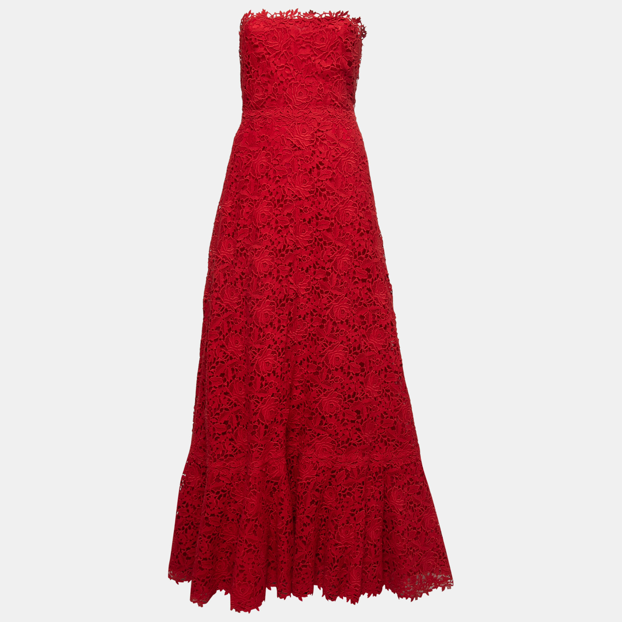 Pre Owned Valentino Red Guipure Lace Strapless Gown S