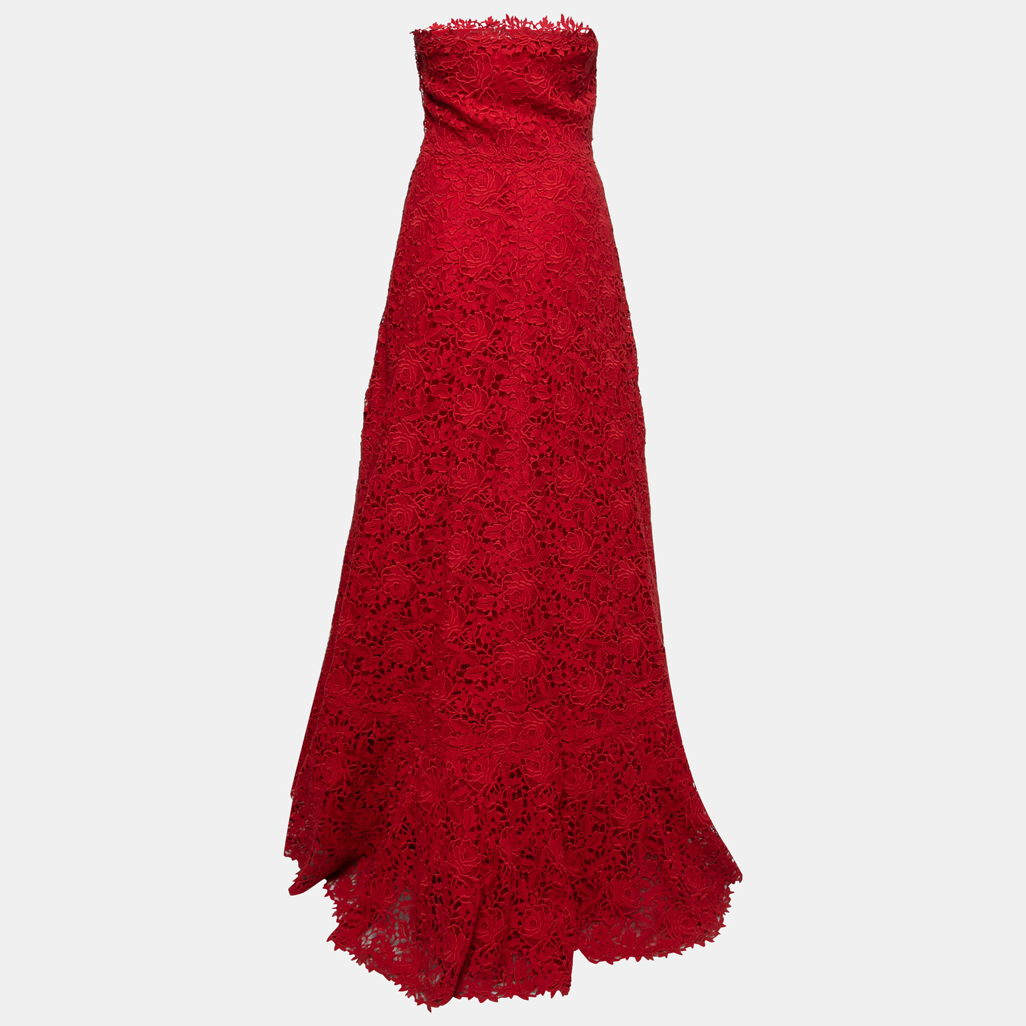 

Valentino Red Guipure Lace Strapless Gown