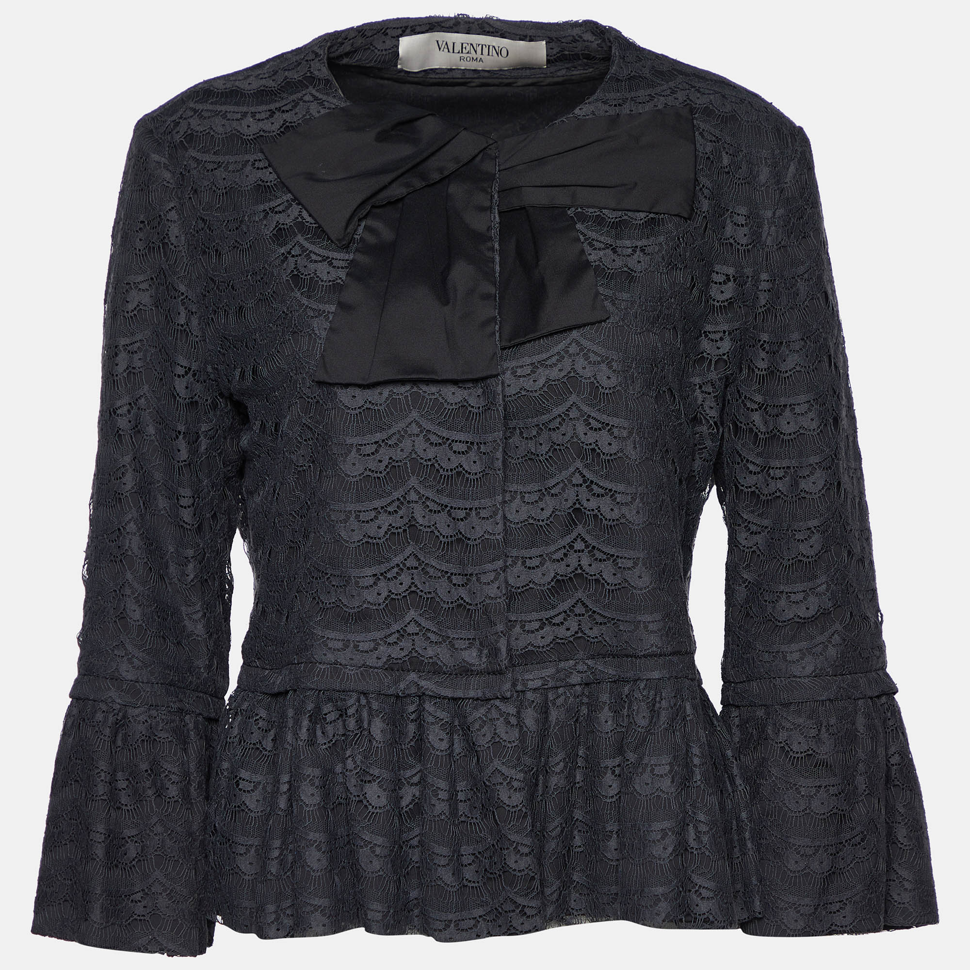 Pre-owned Valentino Black Lace Pleated Detail Button Front Jacket L