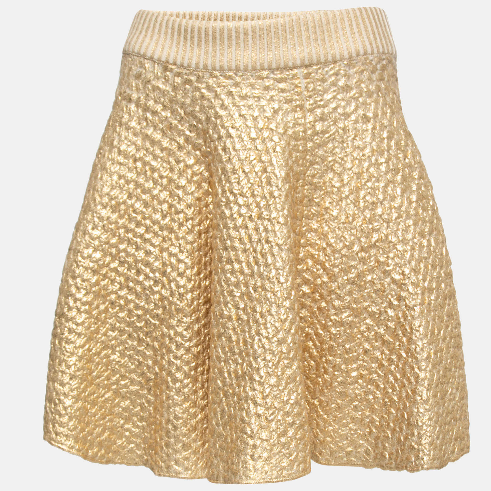 Pre-owned Valentino Gold Coated Wool Knit Skirt M