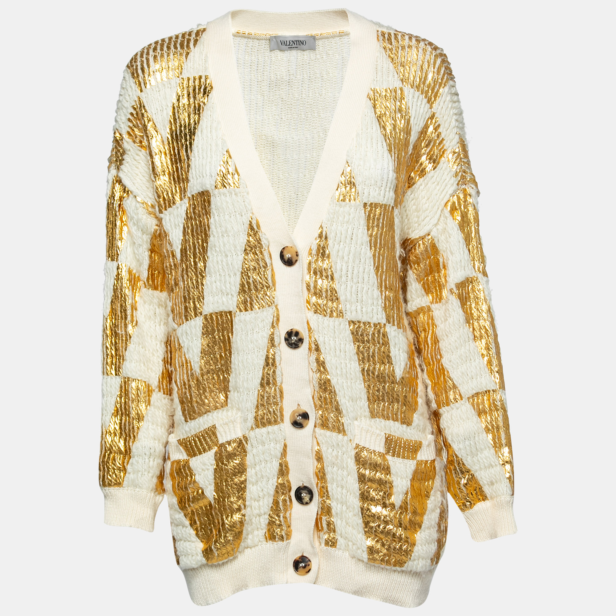 Pre-owned Valentino White & Gold Coated Wool Knit Oversized Cardigan Xs