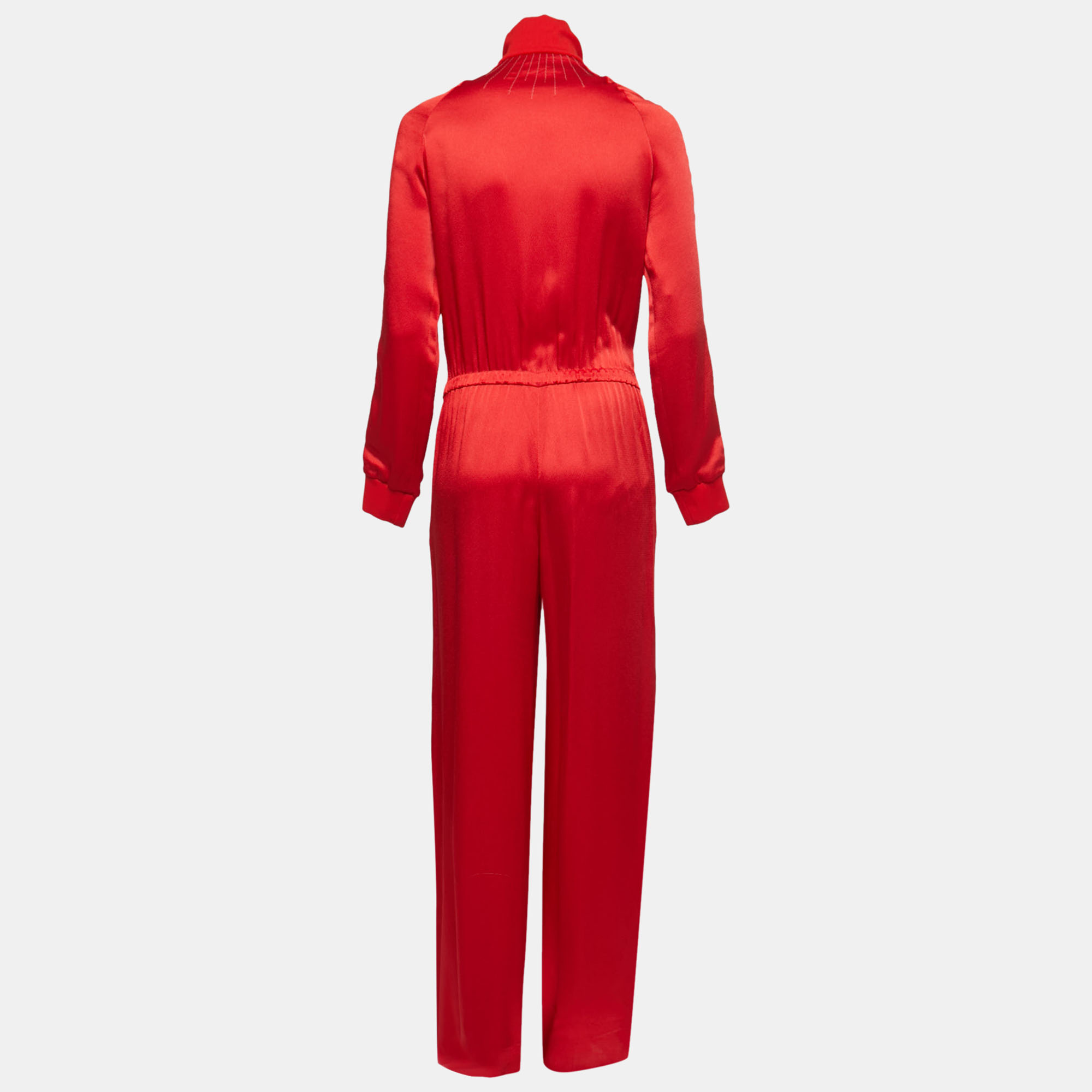 

Valentino Red Satin Crepe Pleated Stripe Detail Jumpsuit