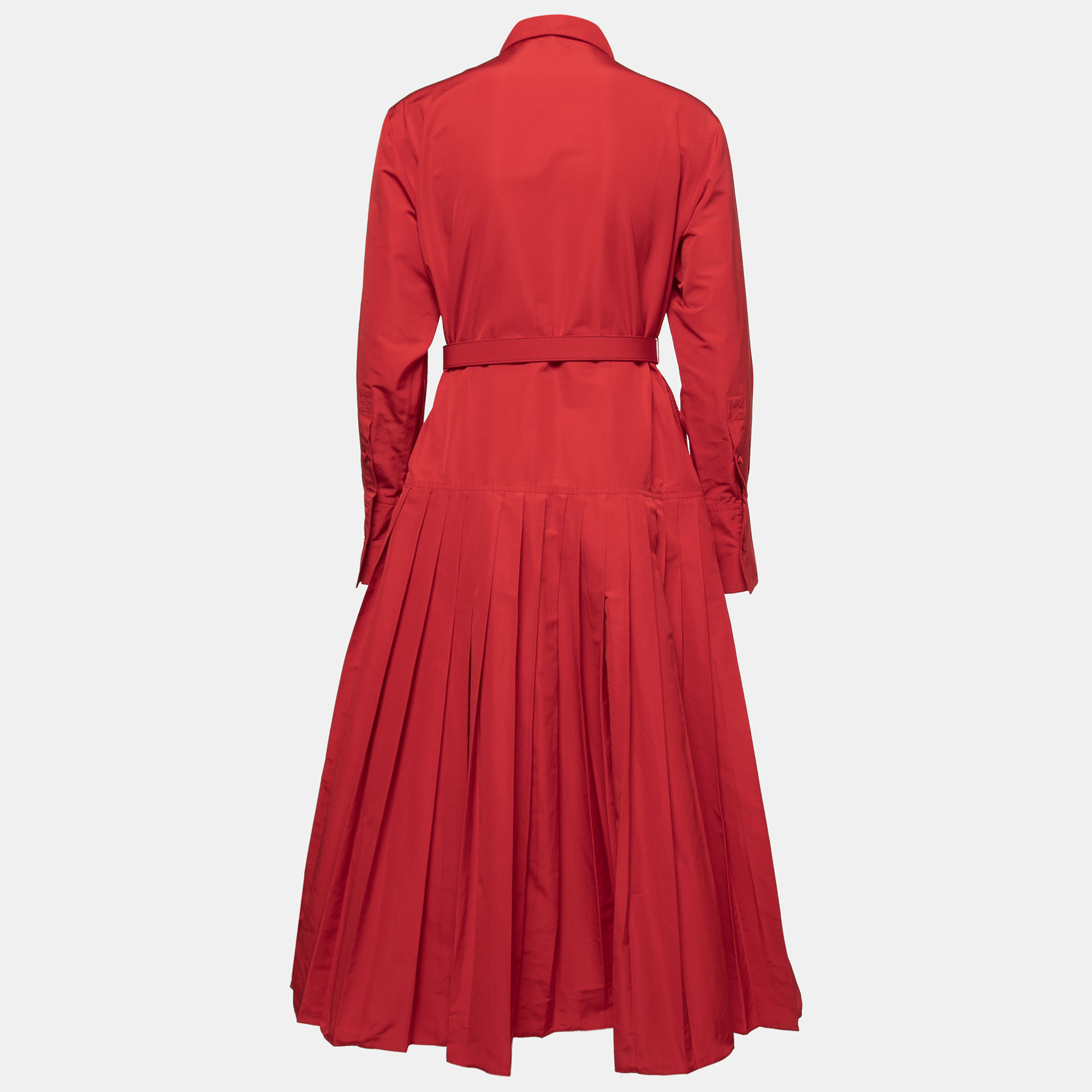 

Valentino Red Gabardine Pleated Belted Shirt Dress
