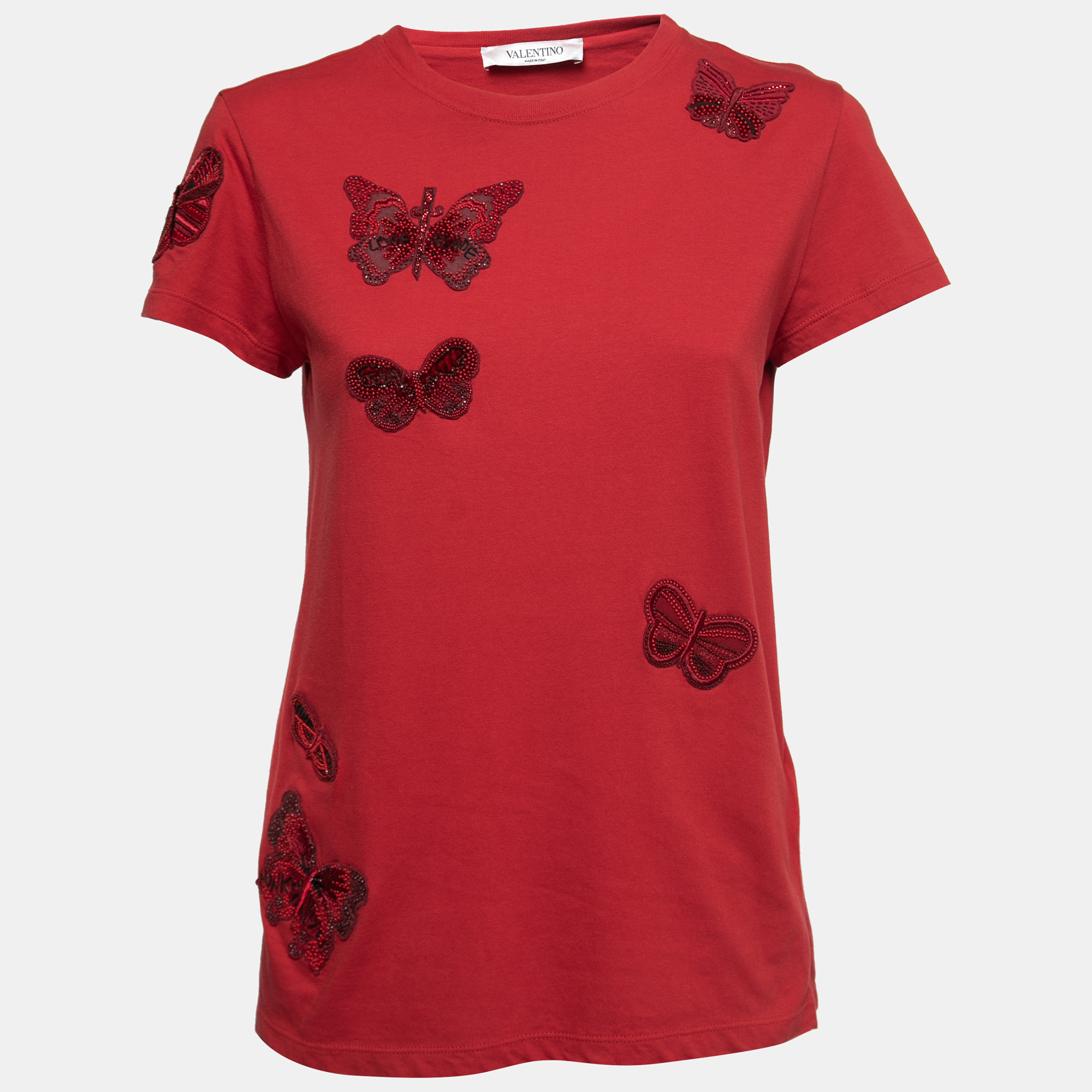 Pre Owned Valentino Red Jersey Butterfly Appliqué T-Shirt S