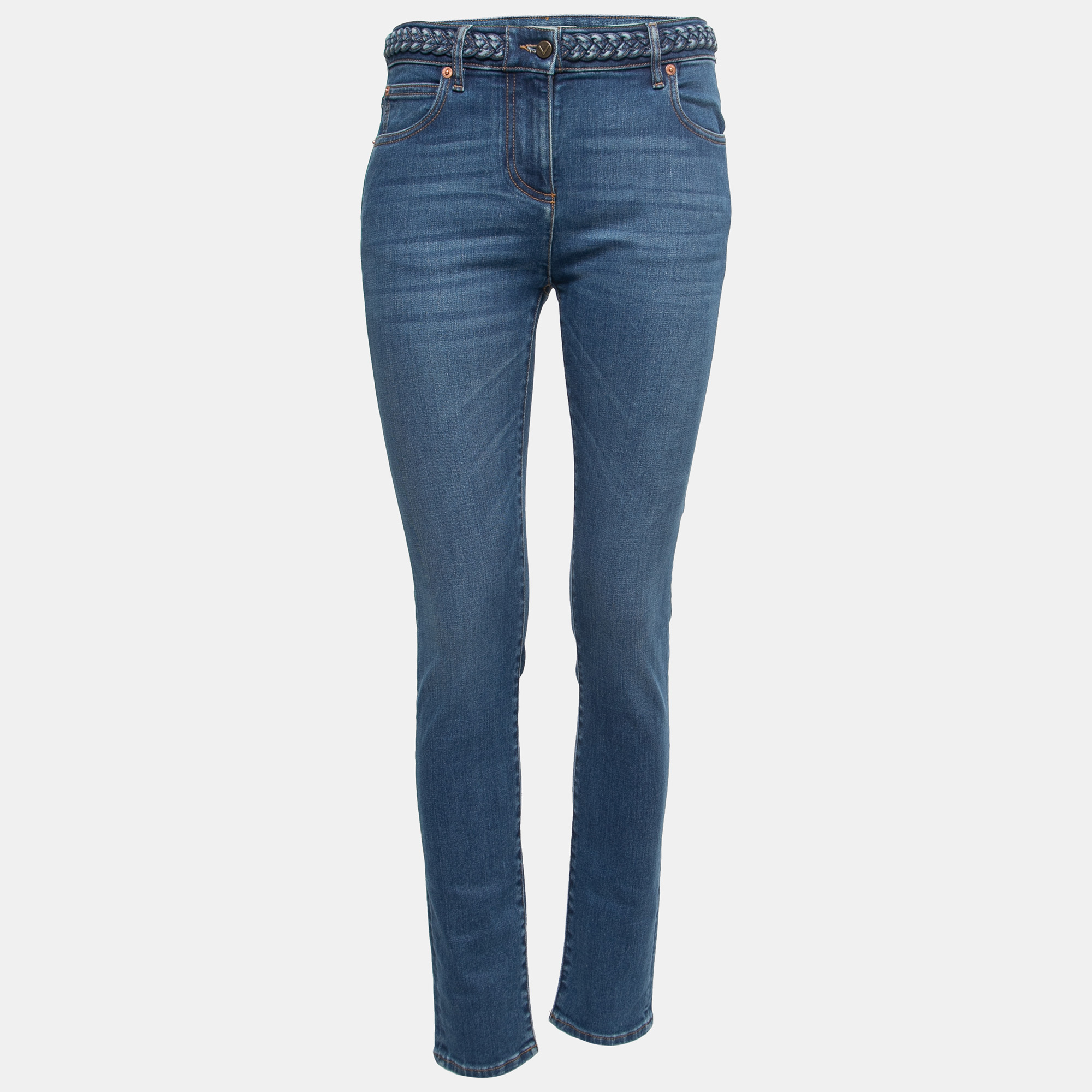 Pre Owned Valentino Light Wash Denim Braided Waistband Skinny Jeans M Waist 31"