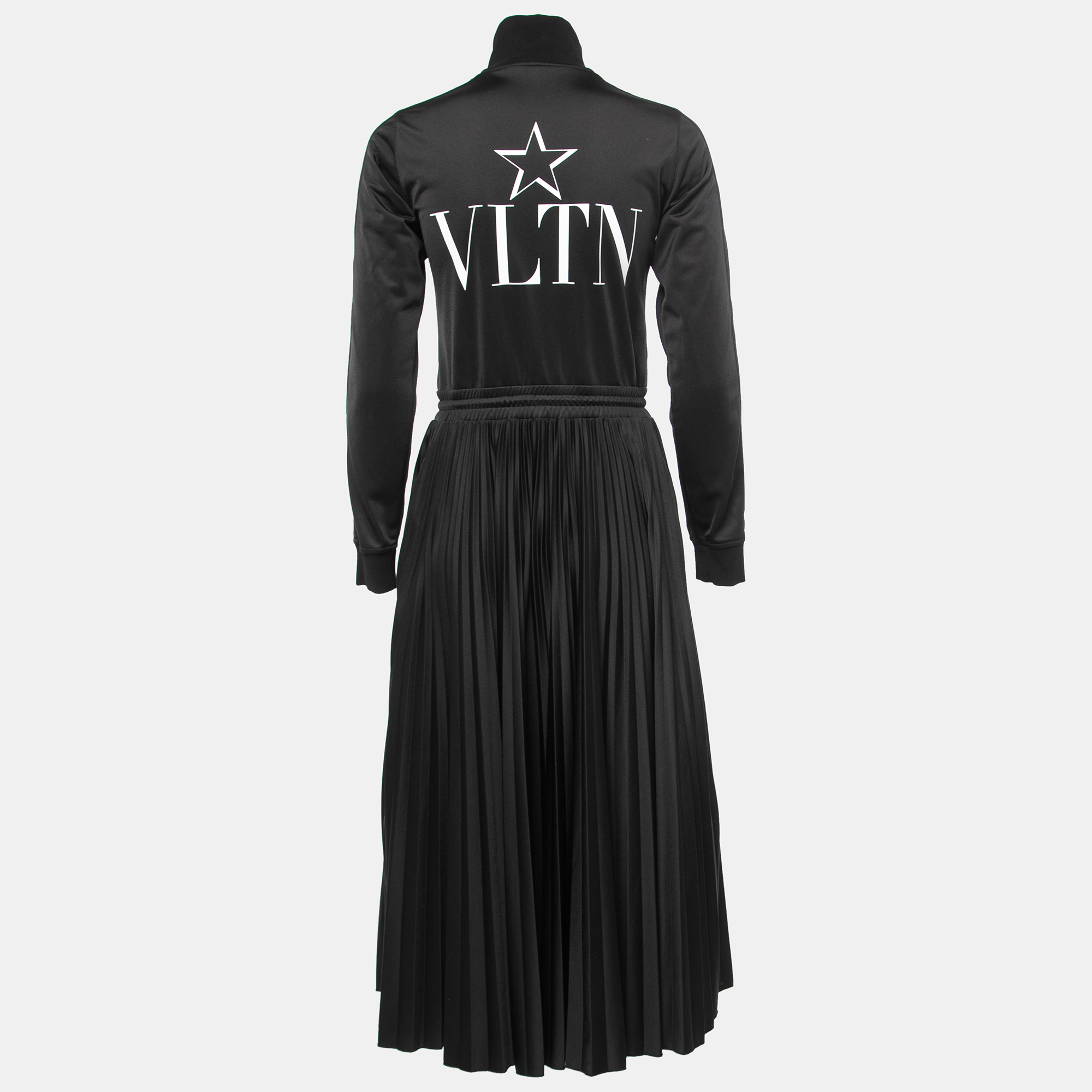 

Valentino Black Jersey VLTN Print Pleated Midi Dress