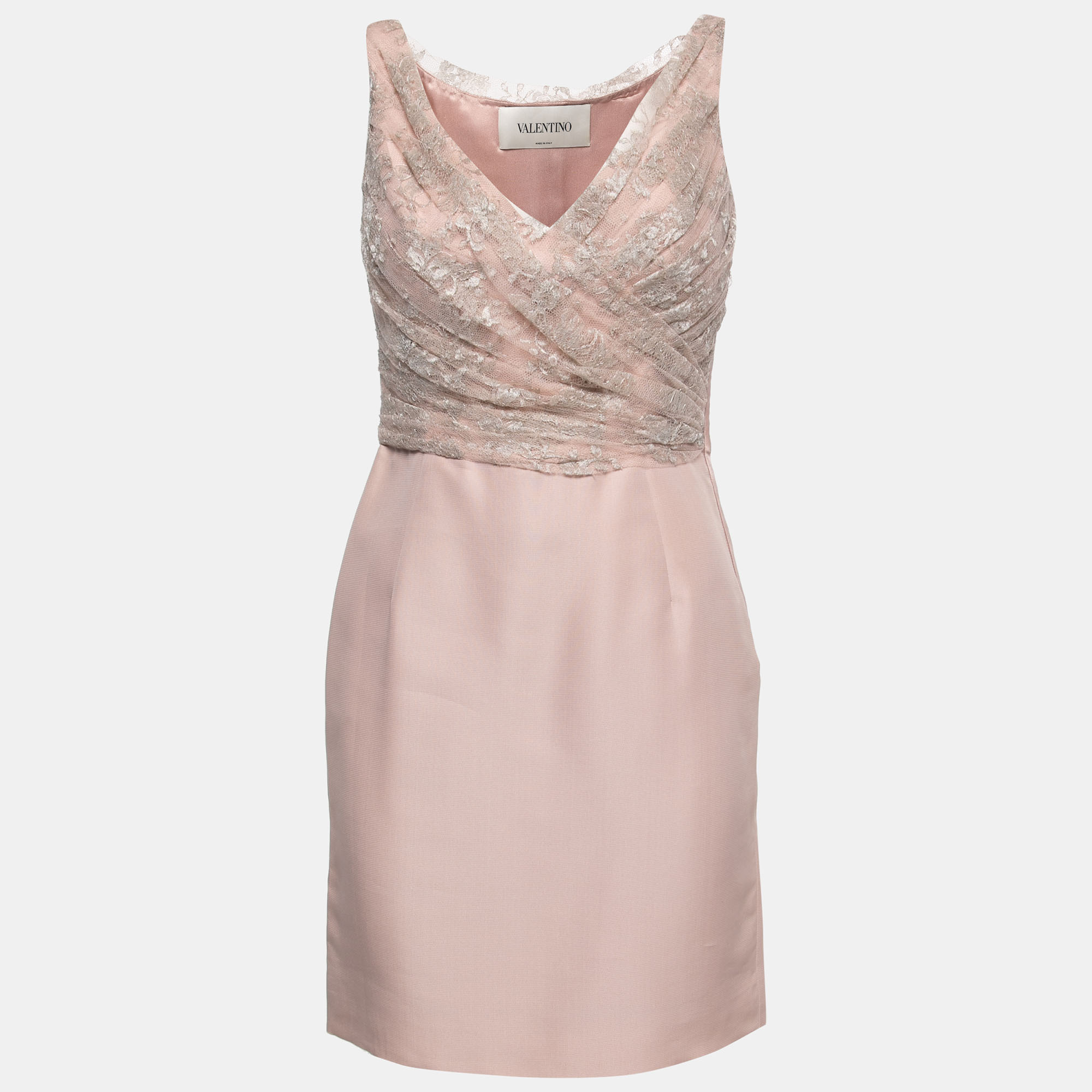 Blush Pink Floral Lace Ruched Midi Dress