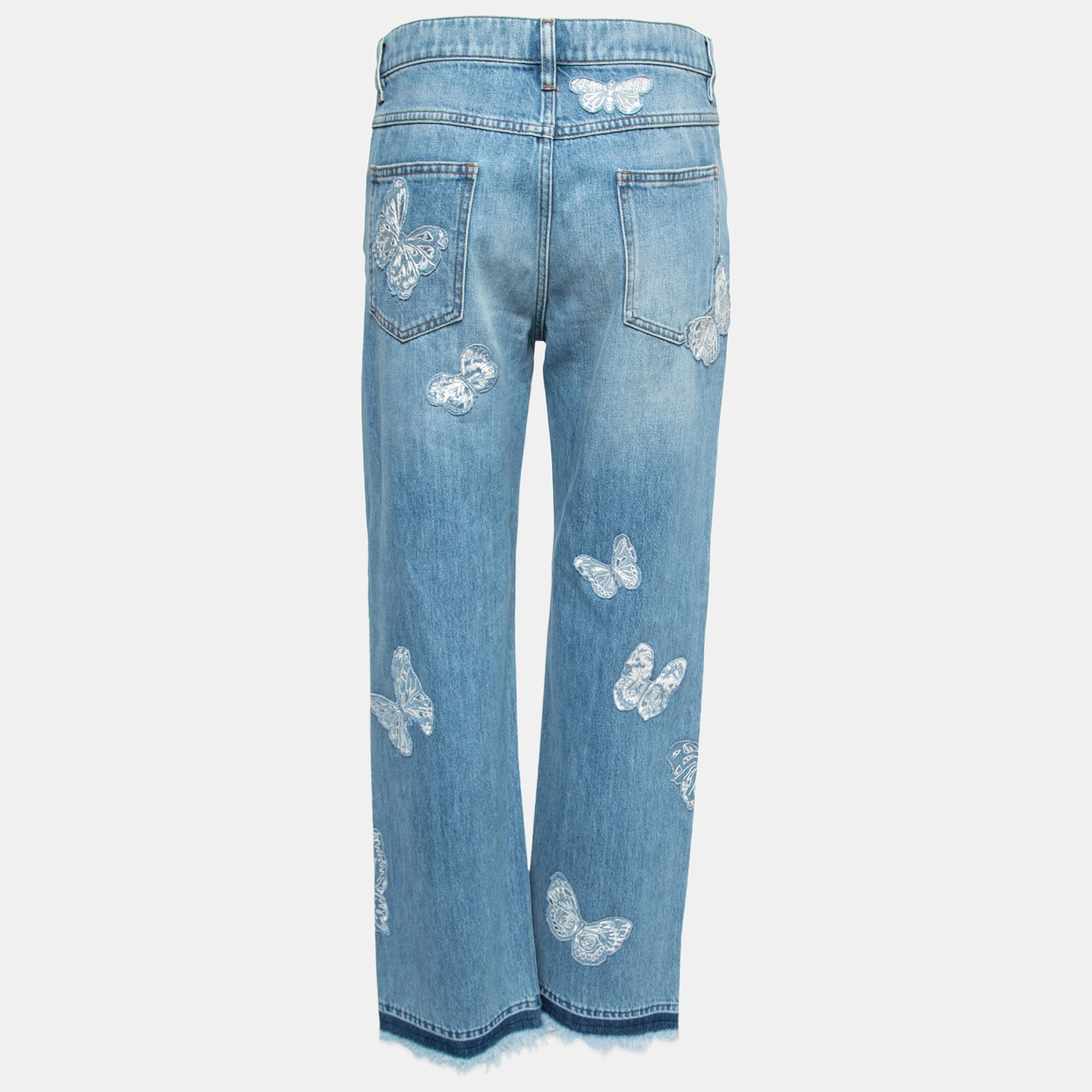 

Valentino Light Blue Denim Butterfly Patched Fringed Jeans  Waist 26