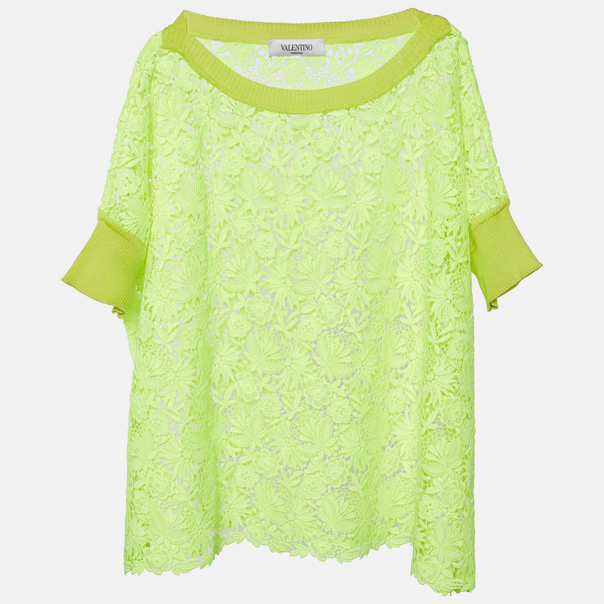 Pre-owned Valentino Neon Yellow Lace Top L