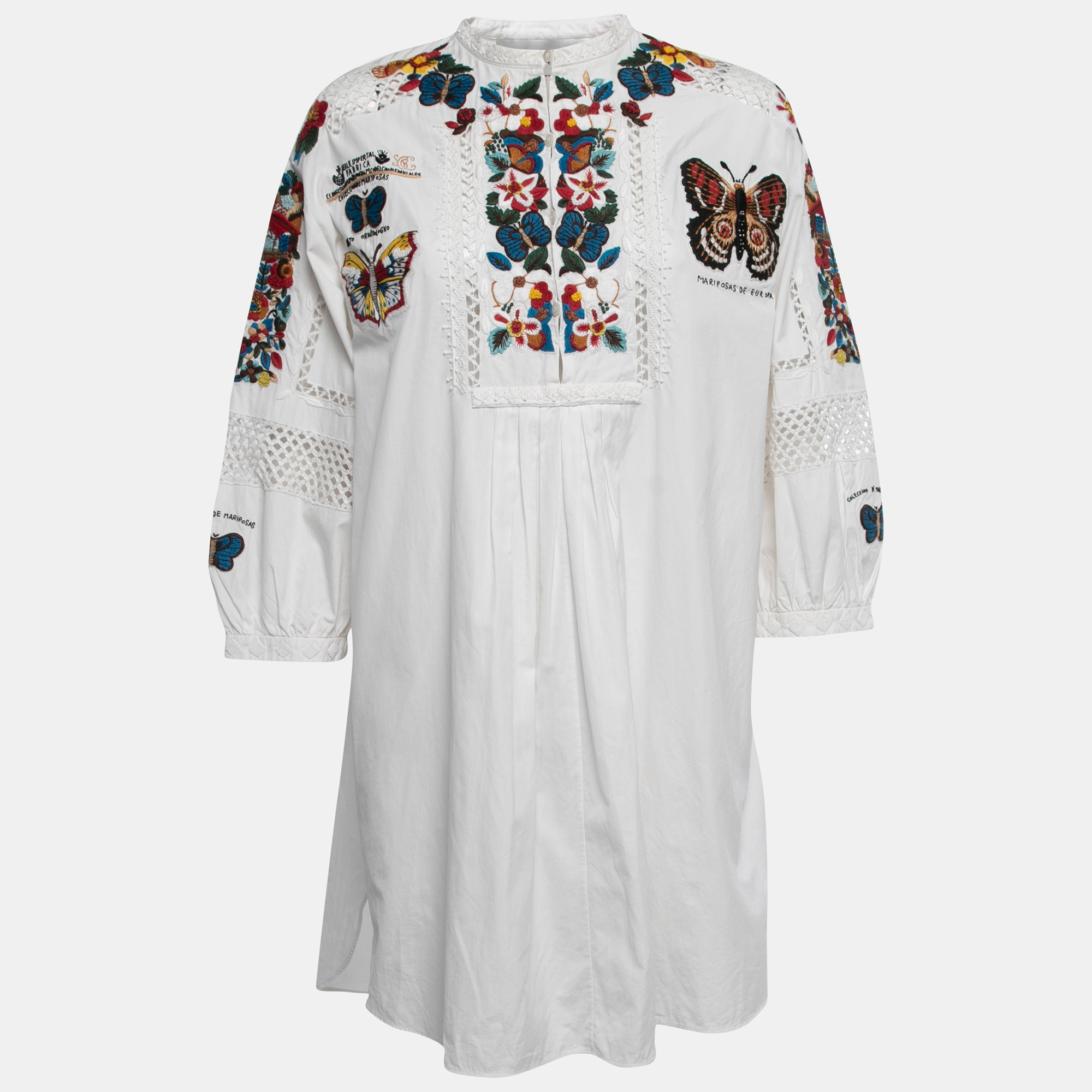 Pre Owned Valentino White Cotton Butterfly Embroidered Tunic Dress M