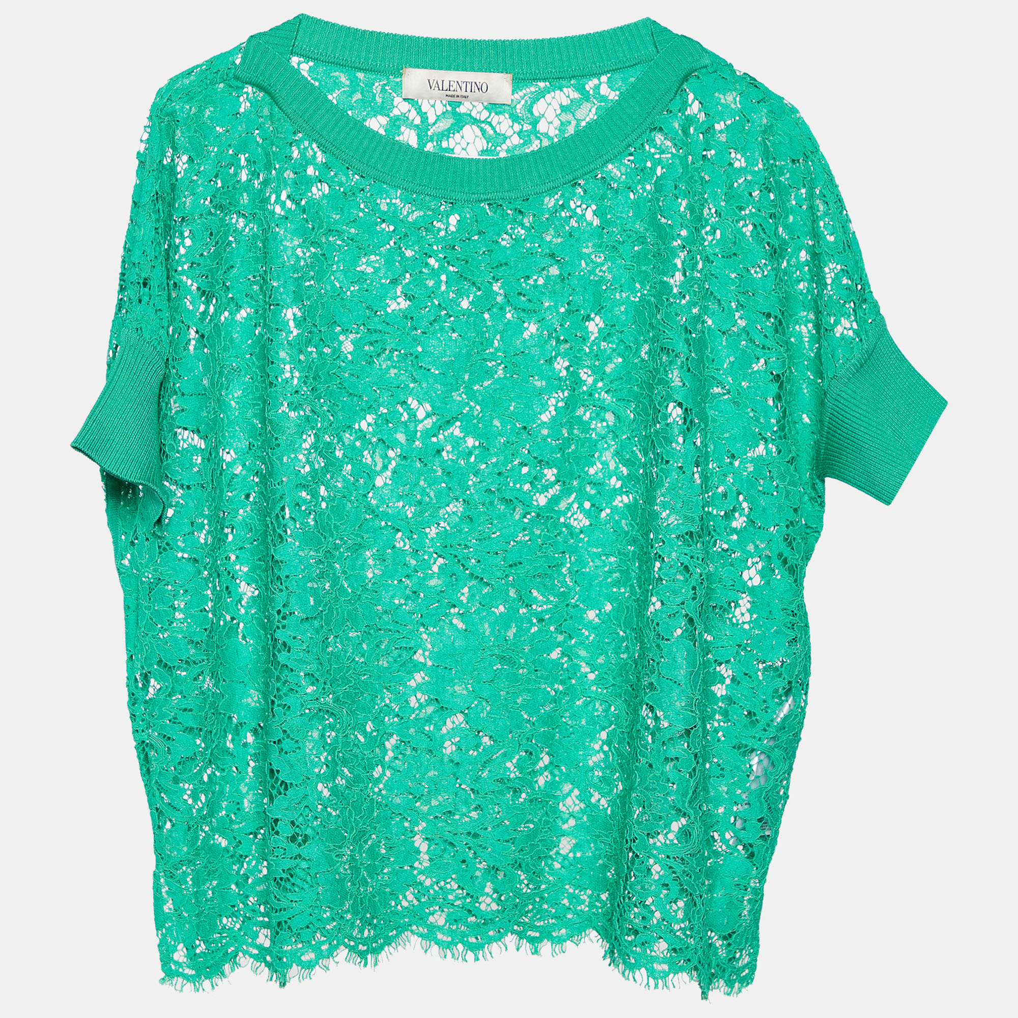 Pre-owned Valentino Green Lace Knit Trim Detail Oversized Crop Top S