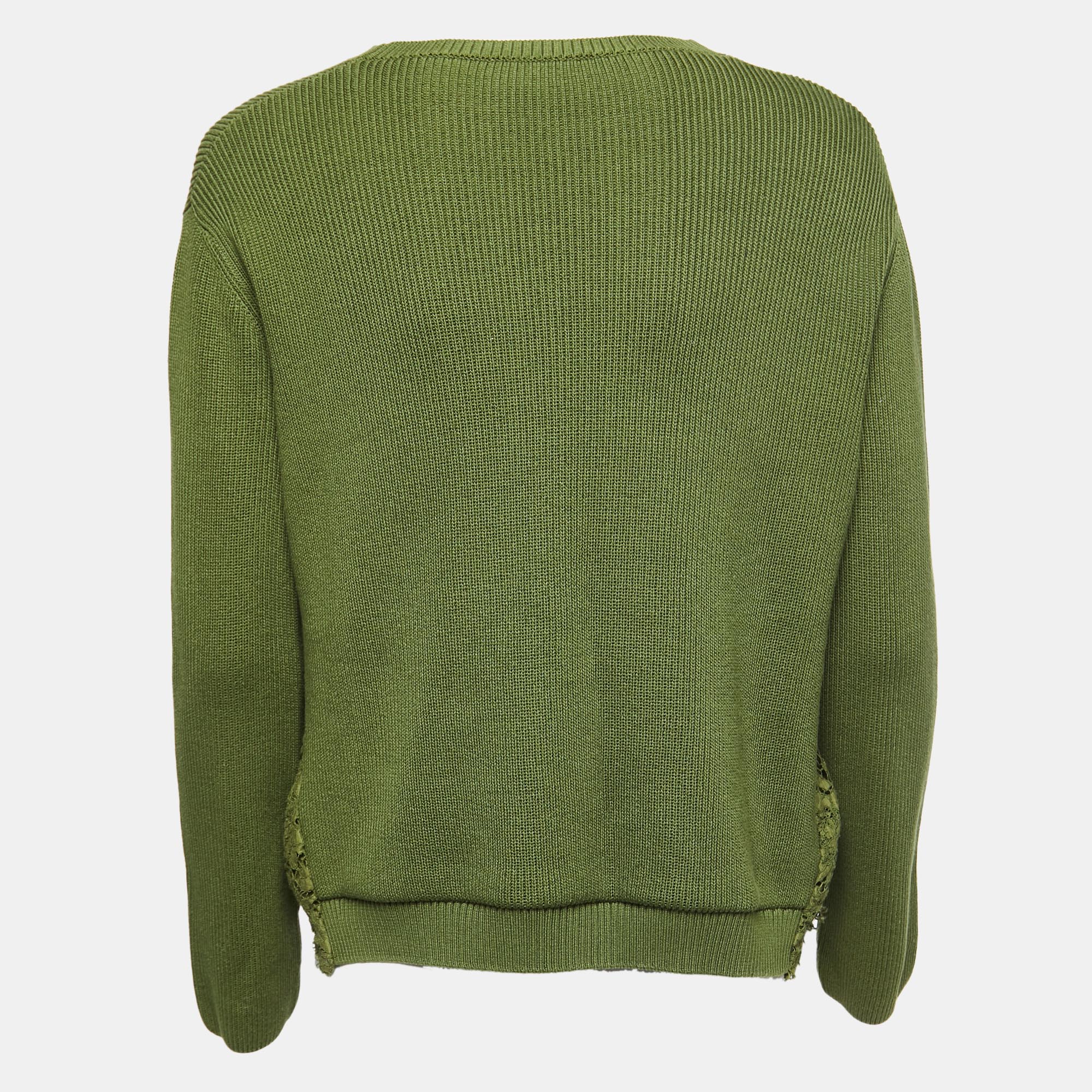 

Valentino Green Cotton Knit Lace Trimmed Crew Neck Sweatshirt