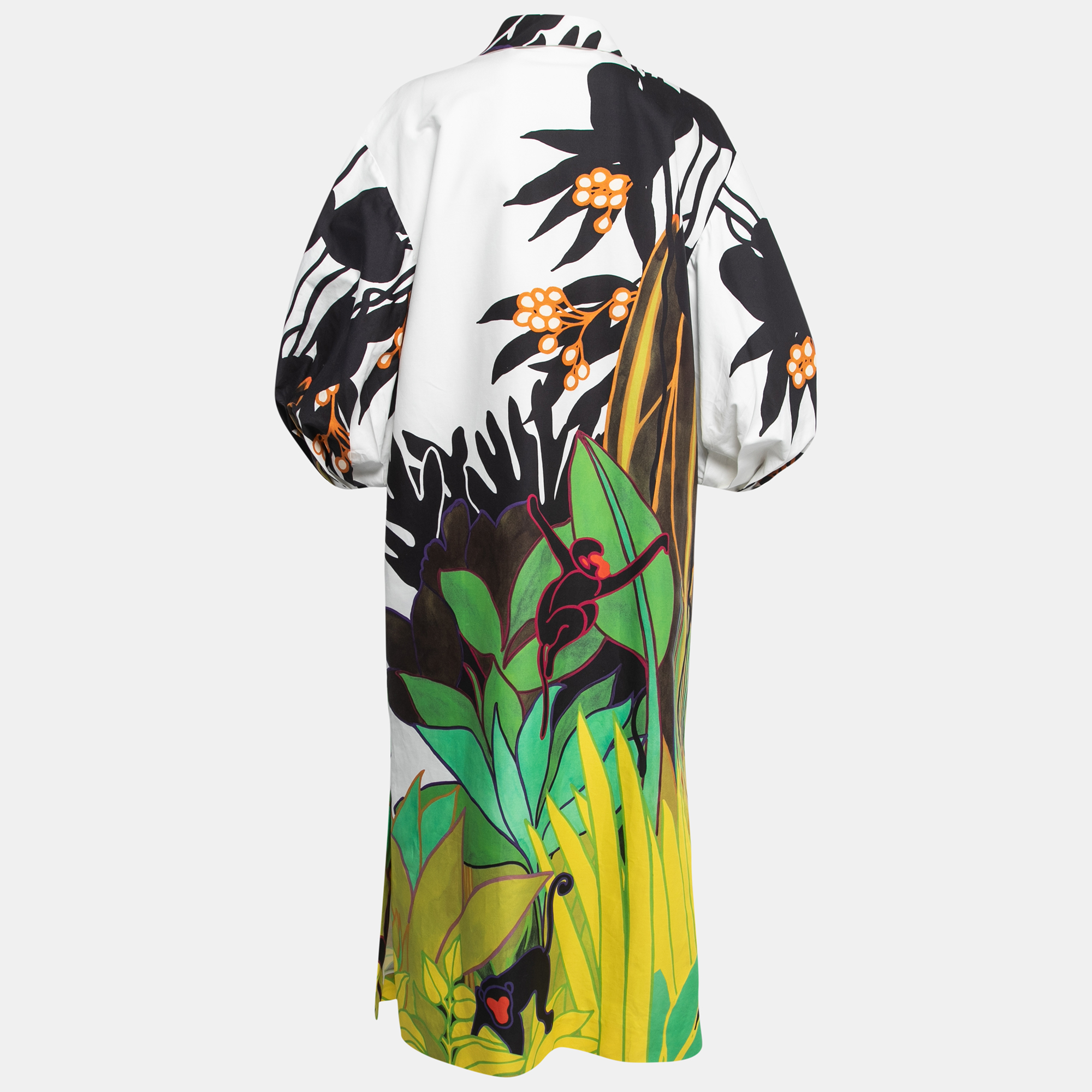 

Valentino White Jungle Print Cotton Puff Sleeve Midi Dress