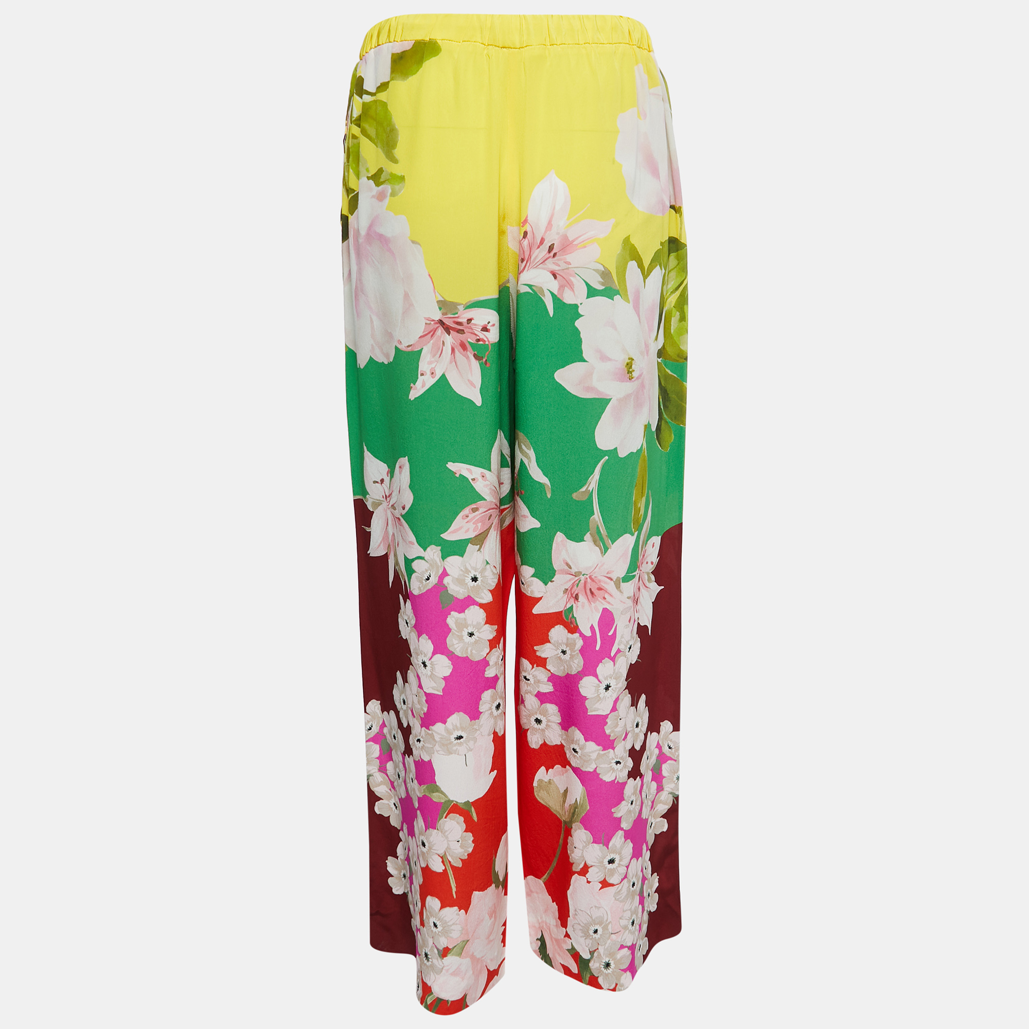 

Valentino Multicolor Floral Printed Silk Wide Leg Pants