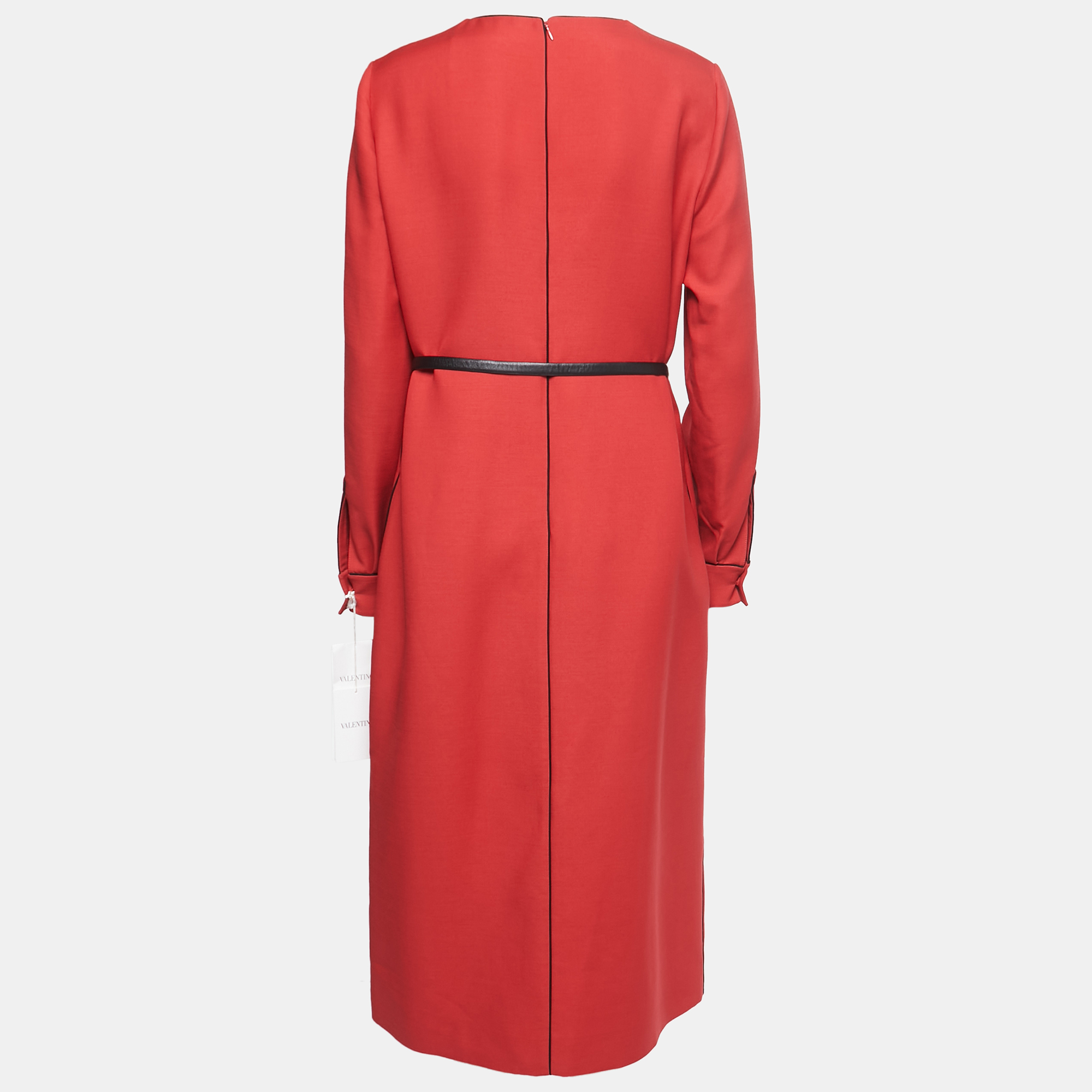 

Valentino Red Crepe Long Sleeve Belted Midi Dress