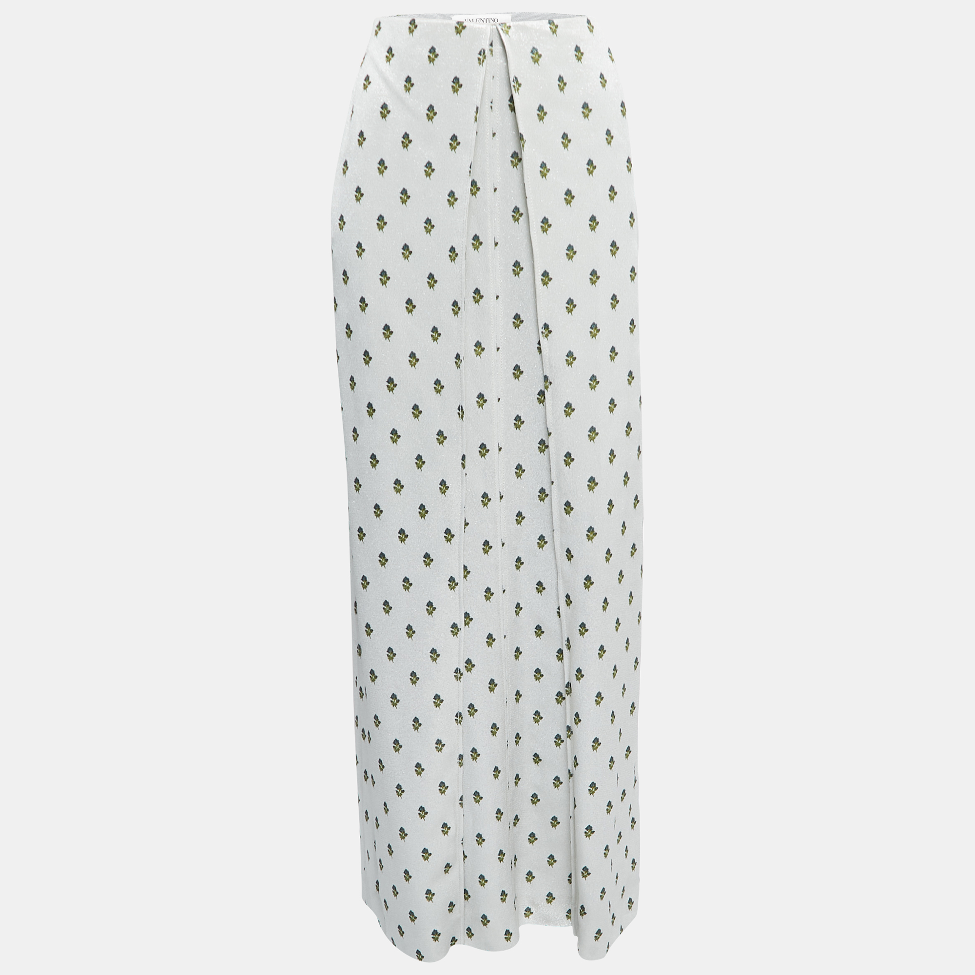 

Valentino Metallic Silver Floral Print Crepe Layered Maxi Skirt